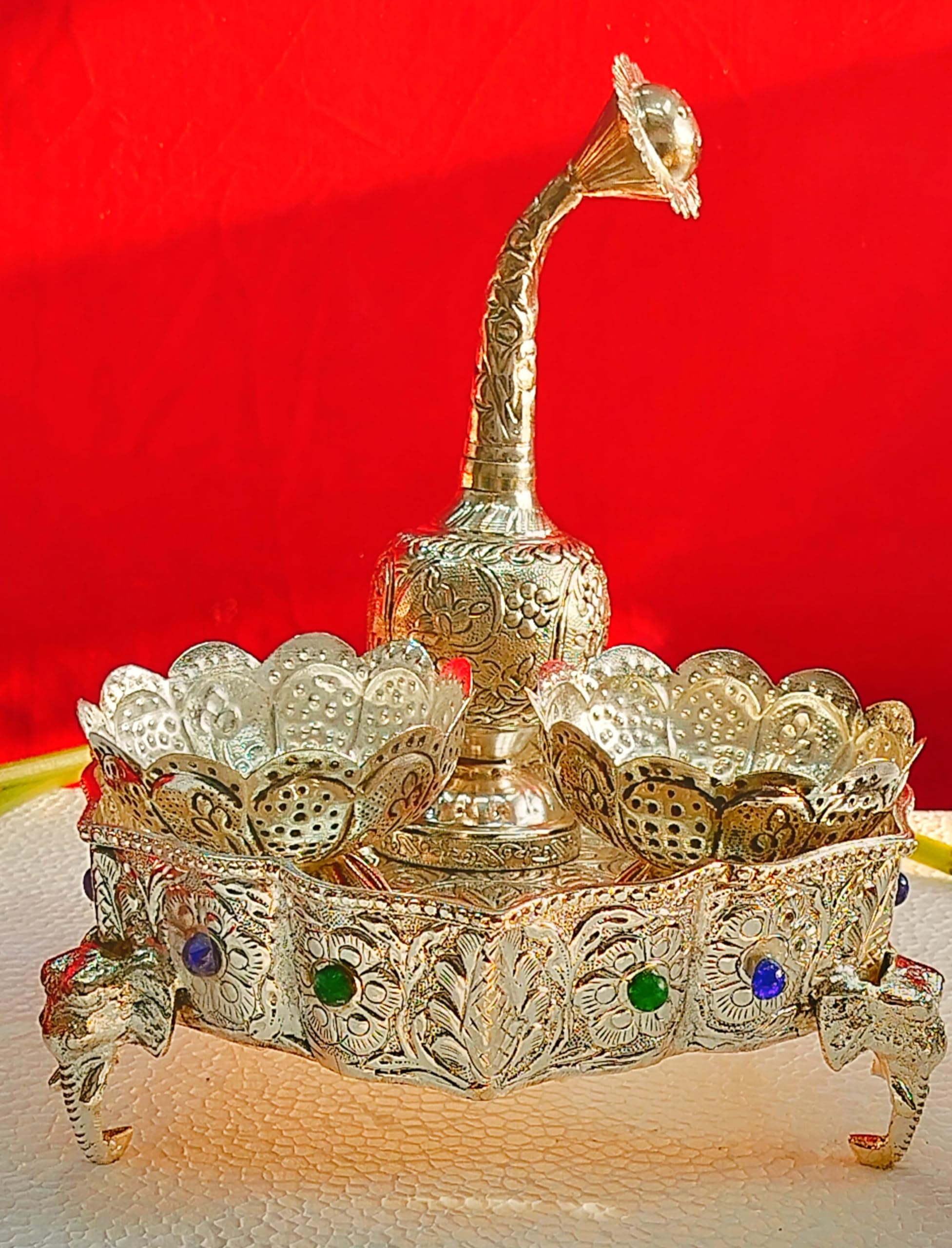 German Silver Antique Finish Tray/Stool with Elephant Legs Rose Dispenser Bowl