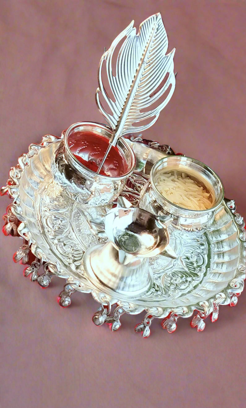 German Silver ghungru Pooja Set with Tilak Stick & Velvet Box Pack