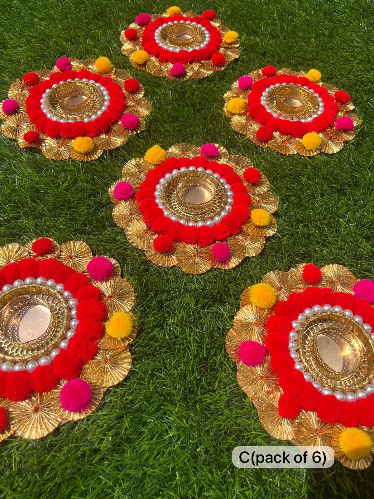 indiancraftsbykanika red Color Pompom 6"" Set of 6 Tea Light Holder with 12 Wax Tea Lights for Diwali Festival/Gift Item, Large