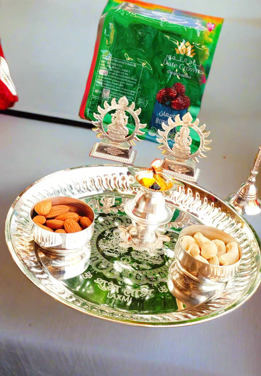 German Silver Pooja thali Set Engraved Diwali Pooja thali Combo Set
