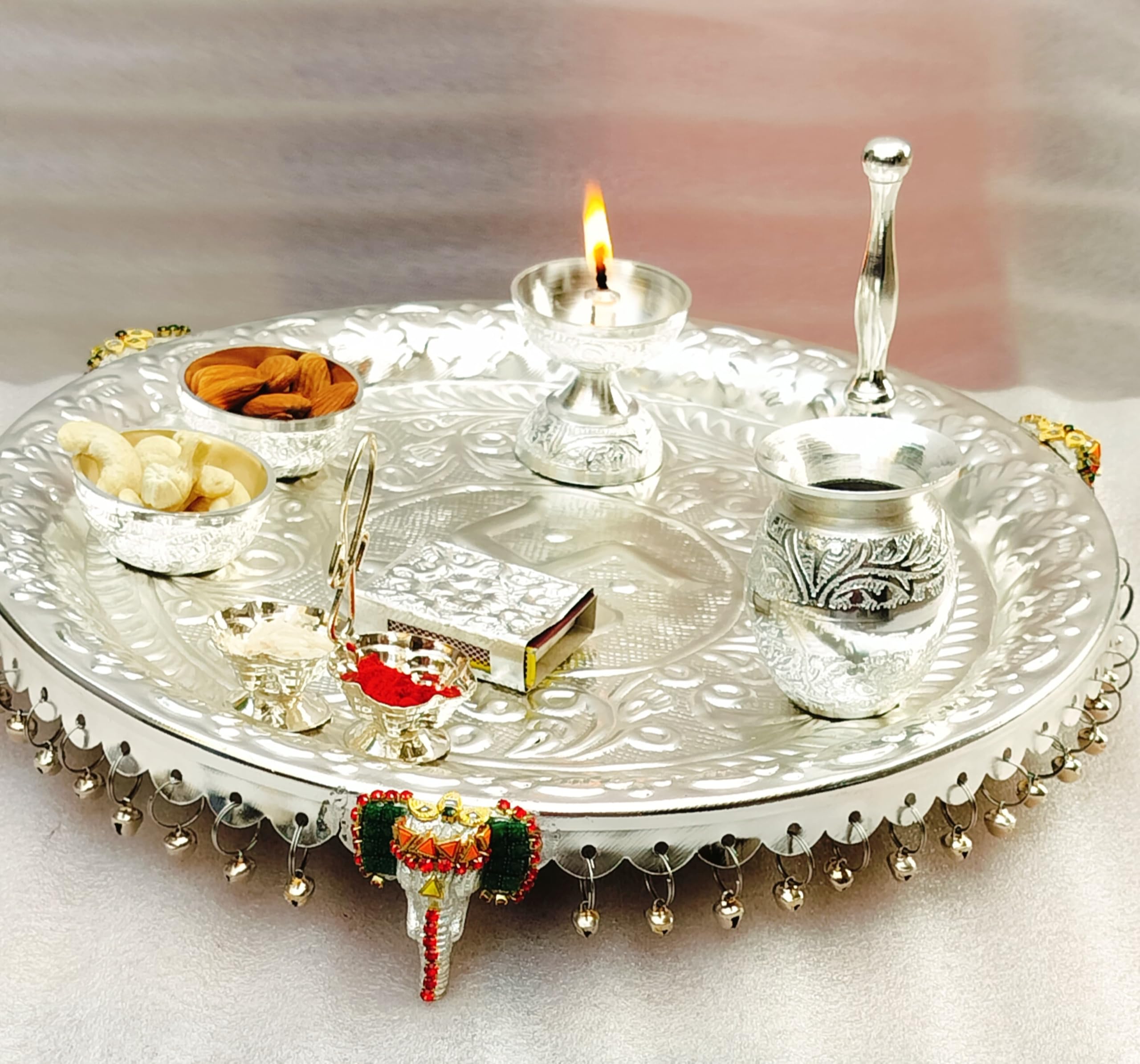 German Silver with Stone Work Big Size 12" inch nakkashi ghungharu thali Set