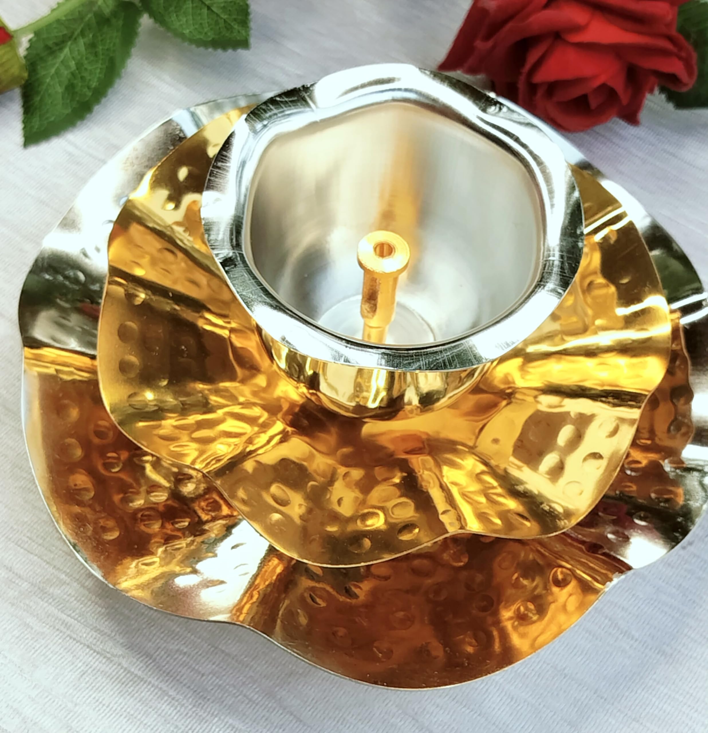 German Silver Big Size Set of 2 diyas with Silver and Golden Plating Dual Color Combo