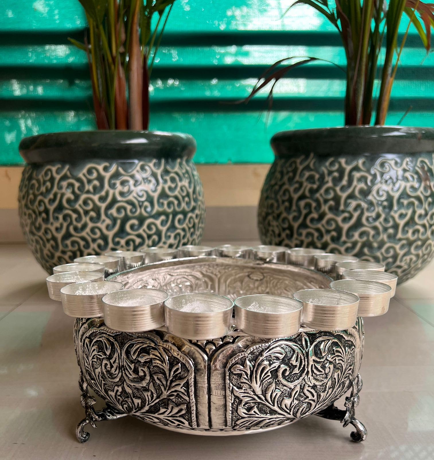 Antique fimish German Silver T Light Ring urli with Antique Beautiful Carving and Floral Rose Stands with 36 Wax Tea Lights