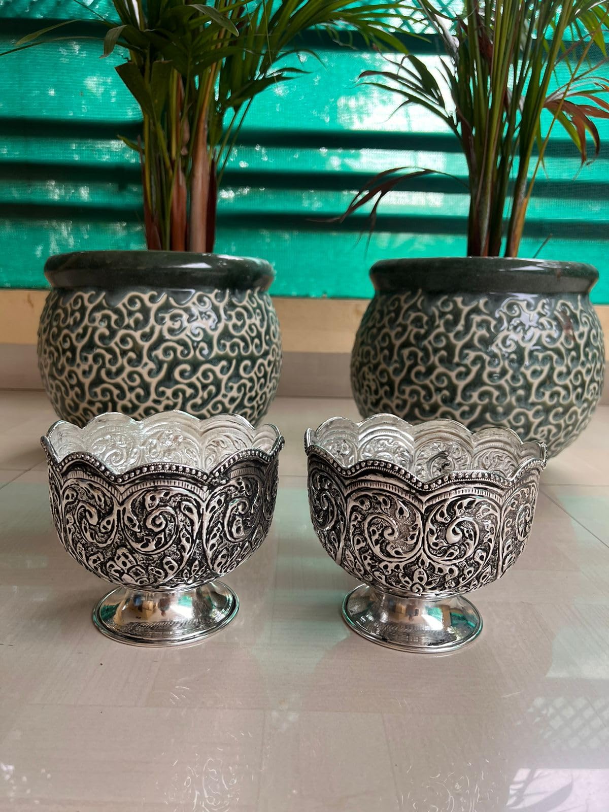 indiancraftsbykanika Antique german silver set of 2 fully carved bowls for sweets/snacks/home décor/gift item/fruits
