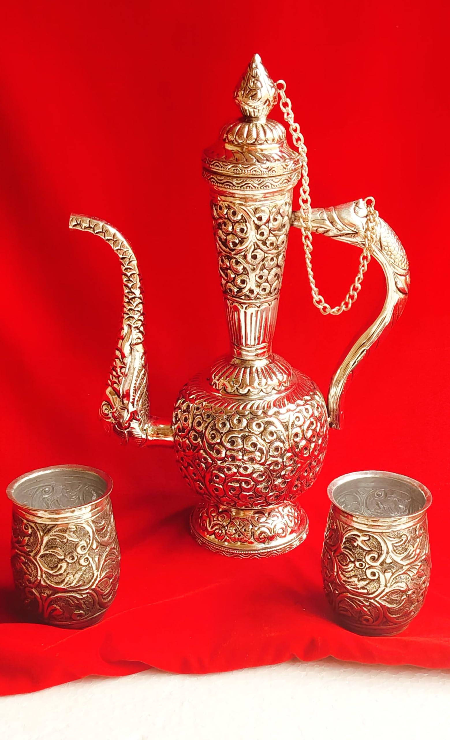 indiancraftsbykanika German silver fully carved antique finish vintage surahi with 2 Glasses gift showpiece set/gift item, large, 280124a