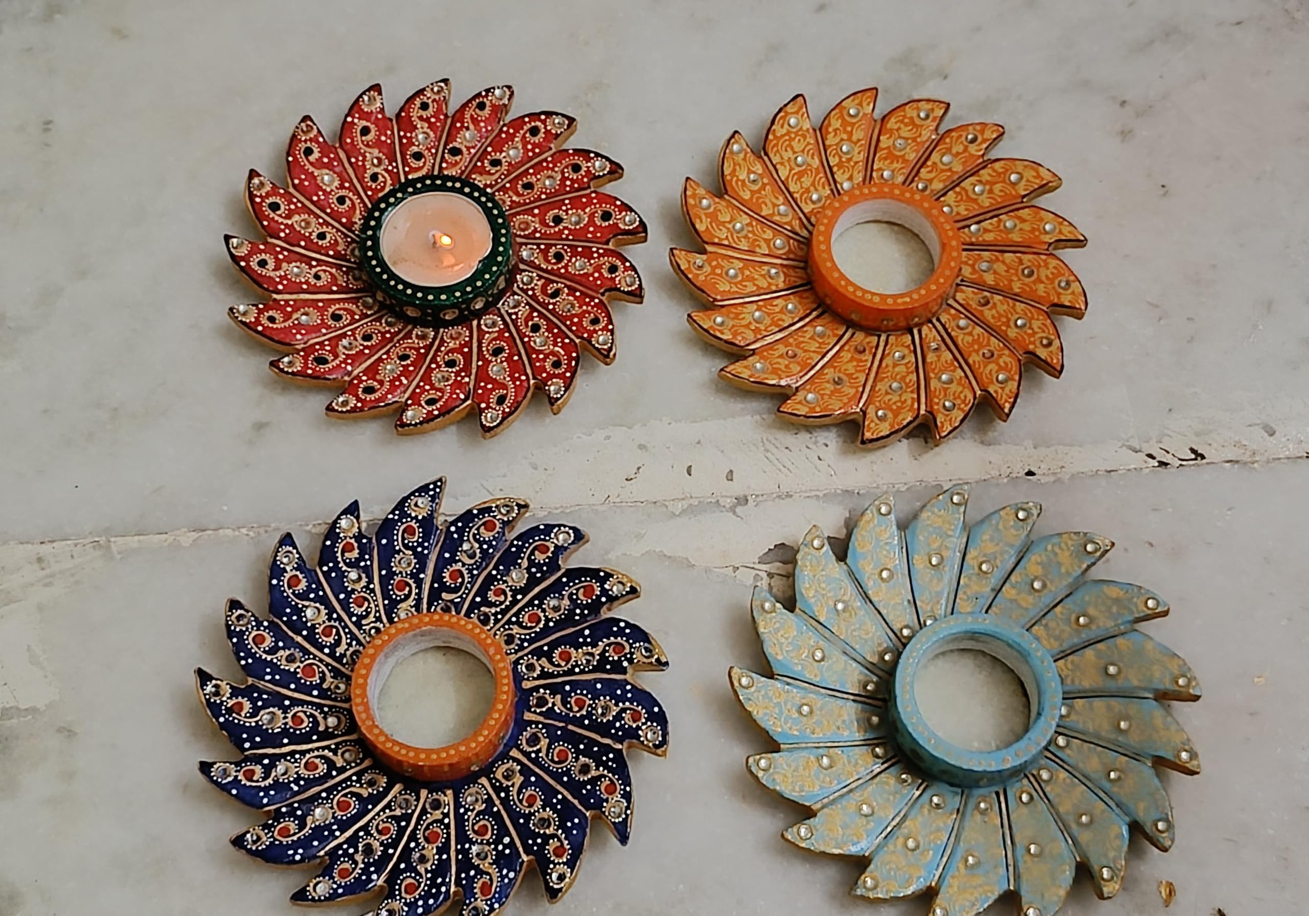 indiancraftbykanika set of 4 marble handpainted tea light holder for home décor/gift item, 6"