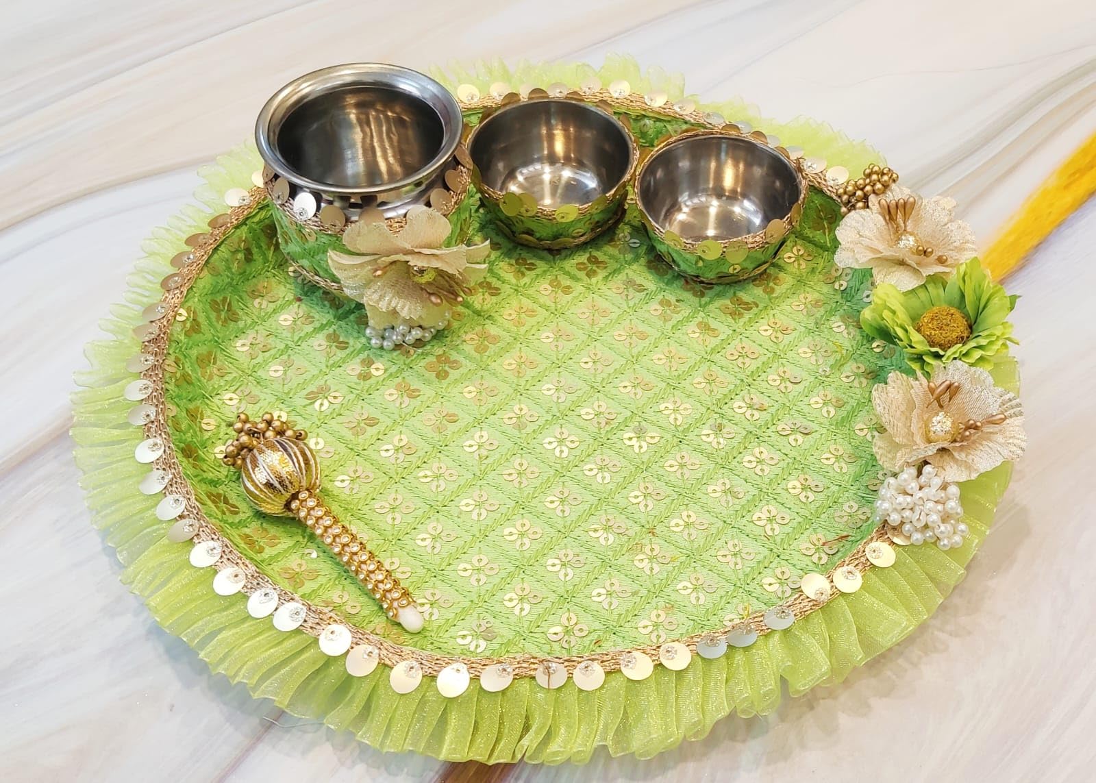 Green Color Stainless Steel Pooja thali Set of 5 Pieces