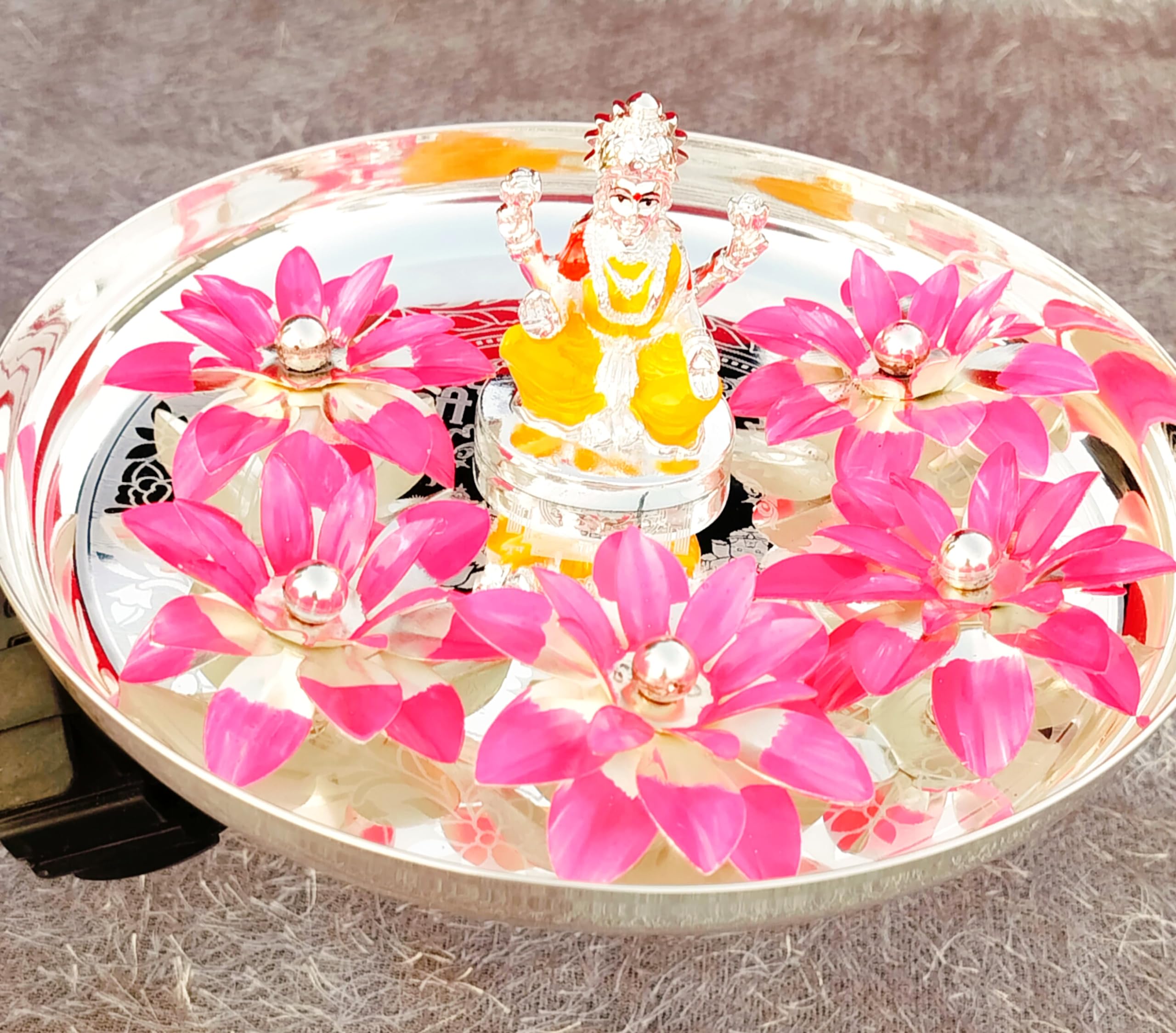 indiancraftsbykanika German Silver laxmi Pooja Combo Set of 7 Pieces for Housewarming Pooja/Diwali Festival, 150224x