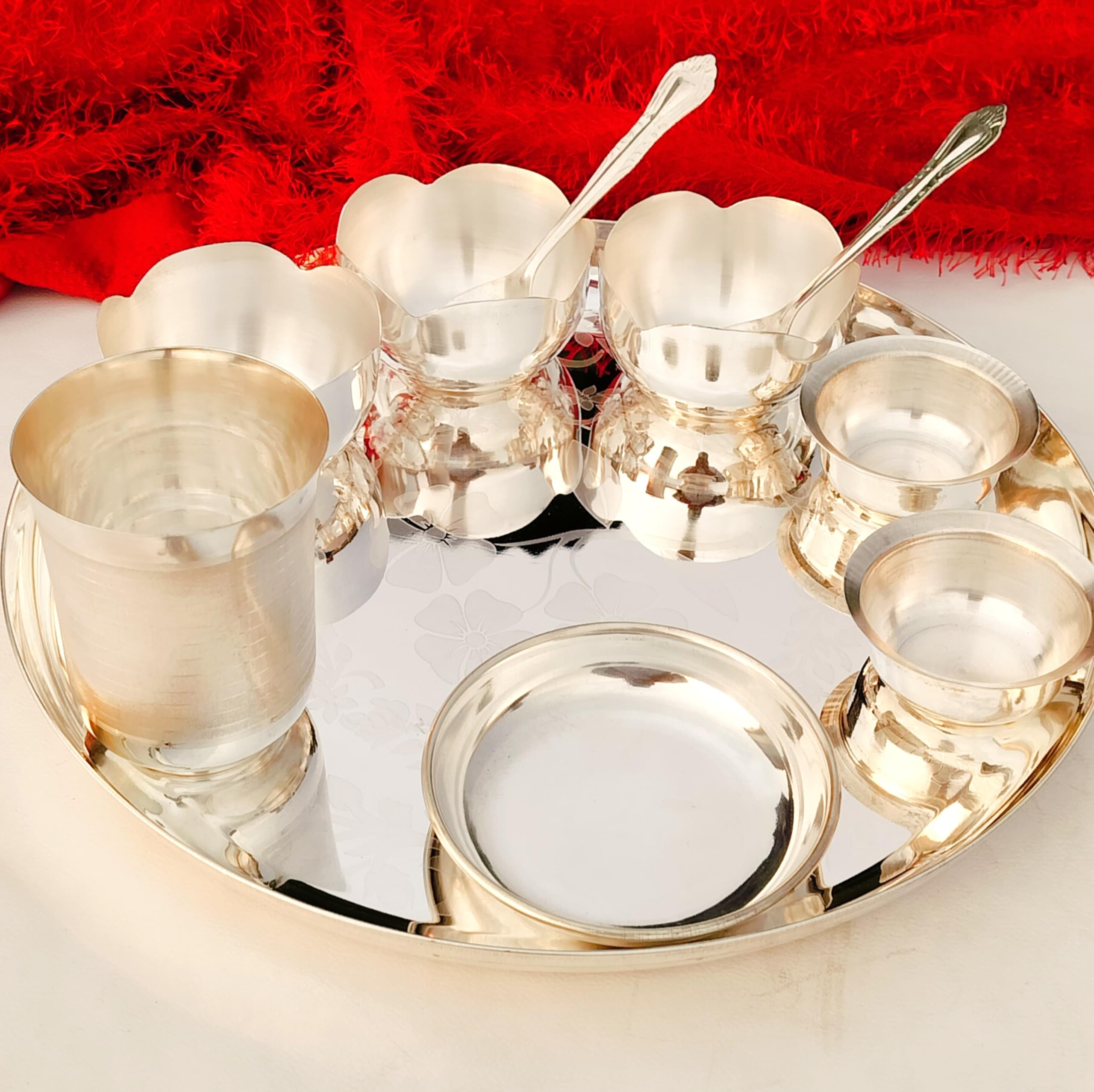 German Silver Big Size Flower Engraved Dinner Set/bhojan thali