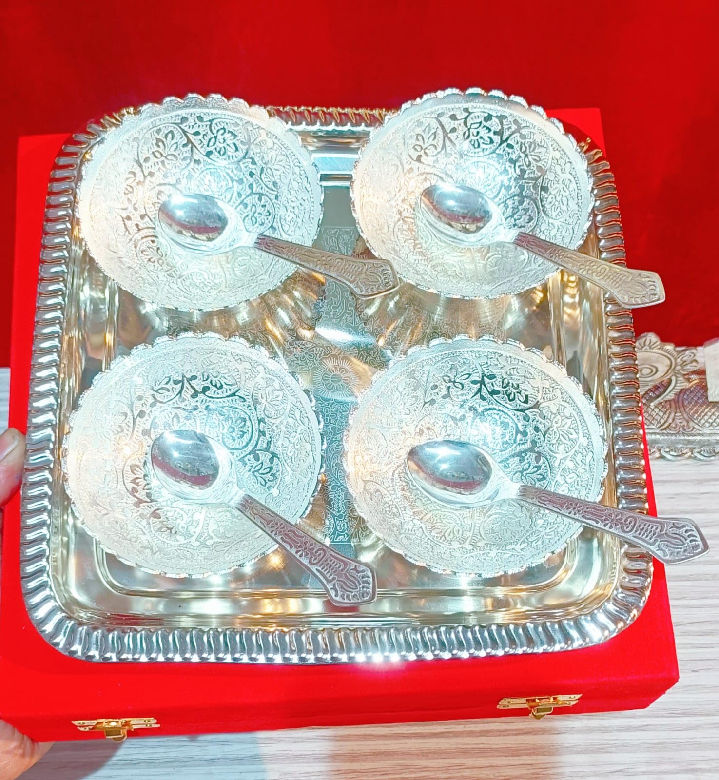 indiancraftsbykanika German silver 4 bowl with tray gift set/ice cream/dessert/snacks set with spoon, big, 100423i