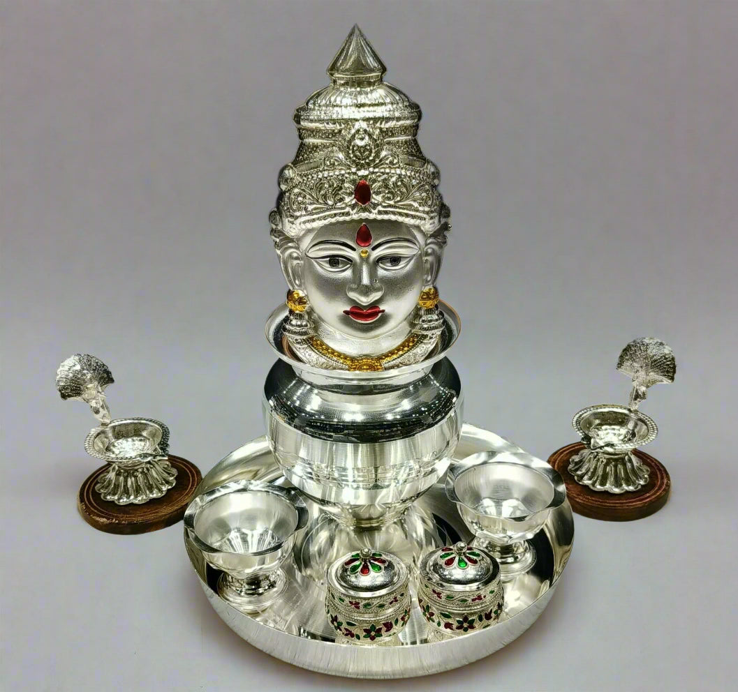 Silver plated pooja thali set with lakshmi face combo