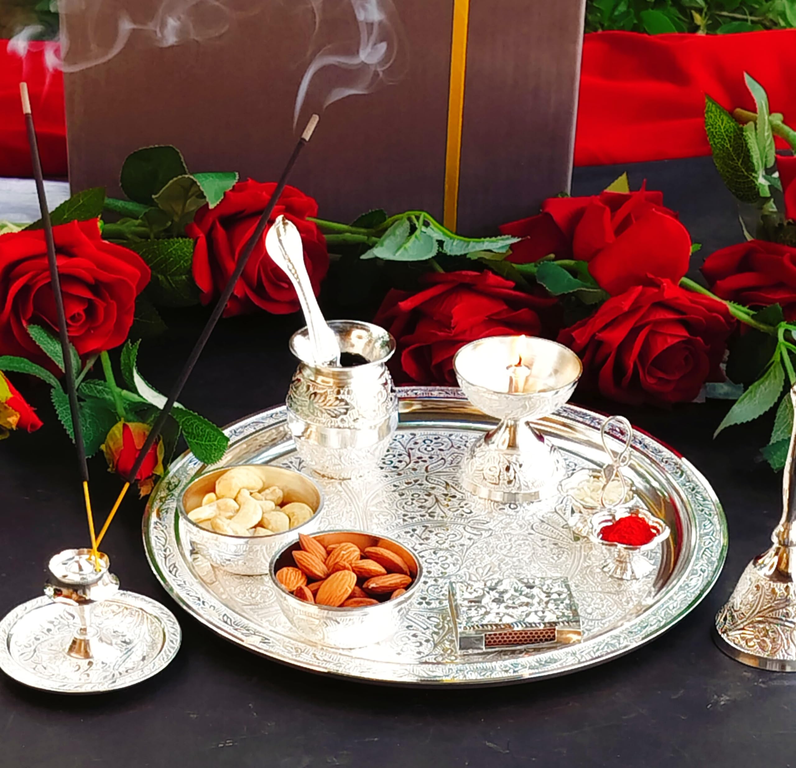 German Silver Nakkashi Pooja Set for Housewarming Pooja/Diwali