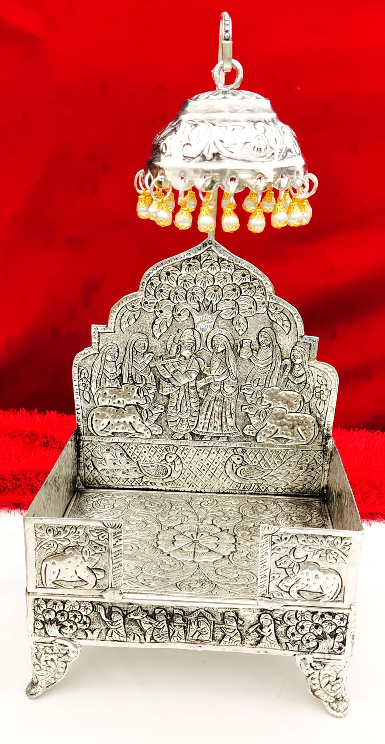 German Silver Radha Krishna Engraved Sing Hasan with Detachable chatter- Big Size