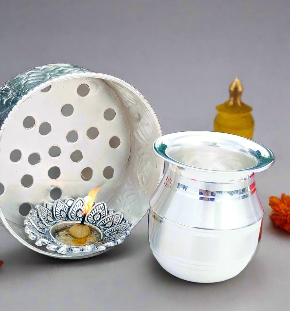 German Silver Pooja Antique Finish karwachauth Pooja thali Set of 3 Pieces