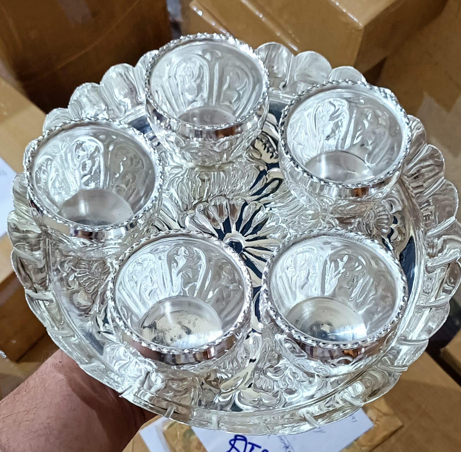 indiancraftsbykanika German Silver Flower Tray with 5 Bowl Set for Snacks/ice Cream/Gift Item House Warming Party