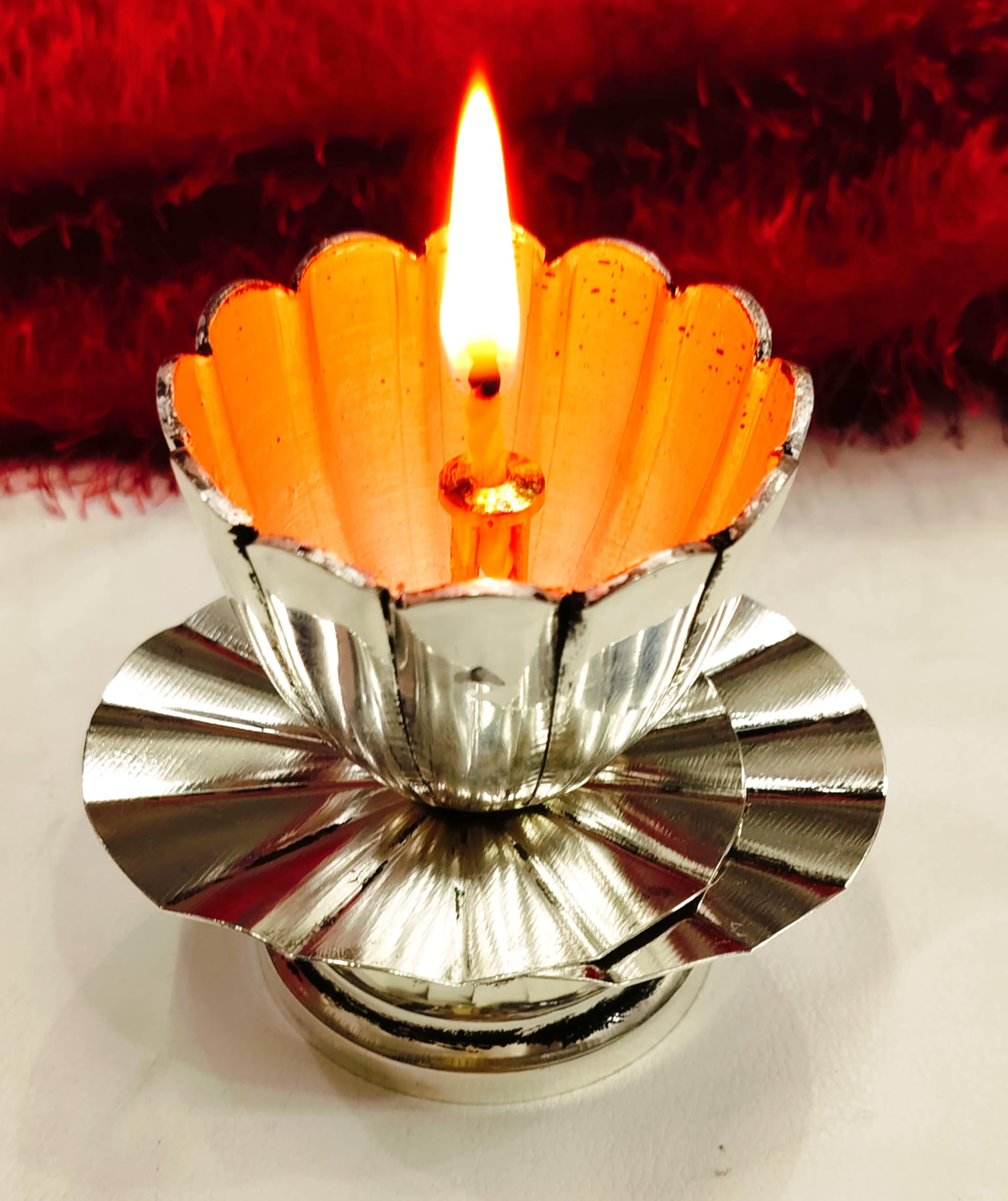 German Silver Set of 2 Antique German Silver Lotus akhand Diya with Double Lotus Petals