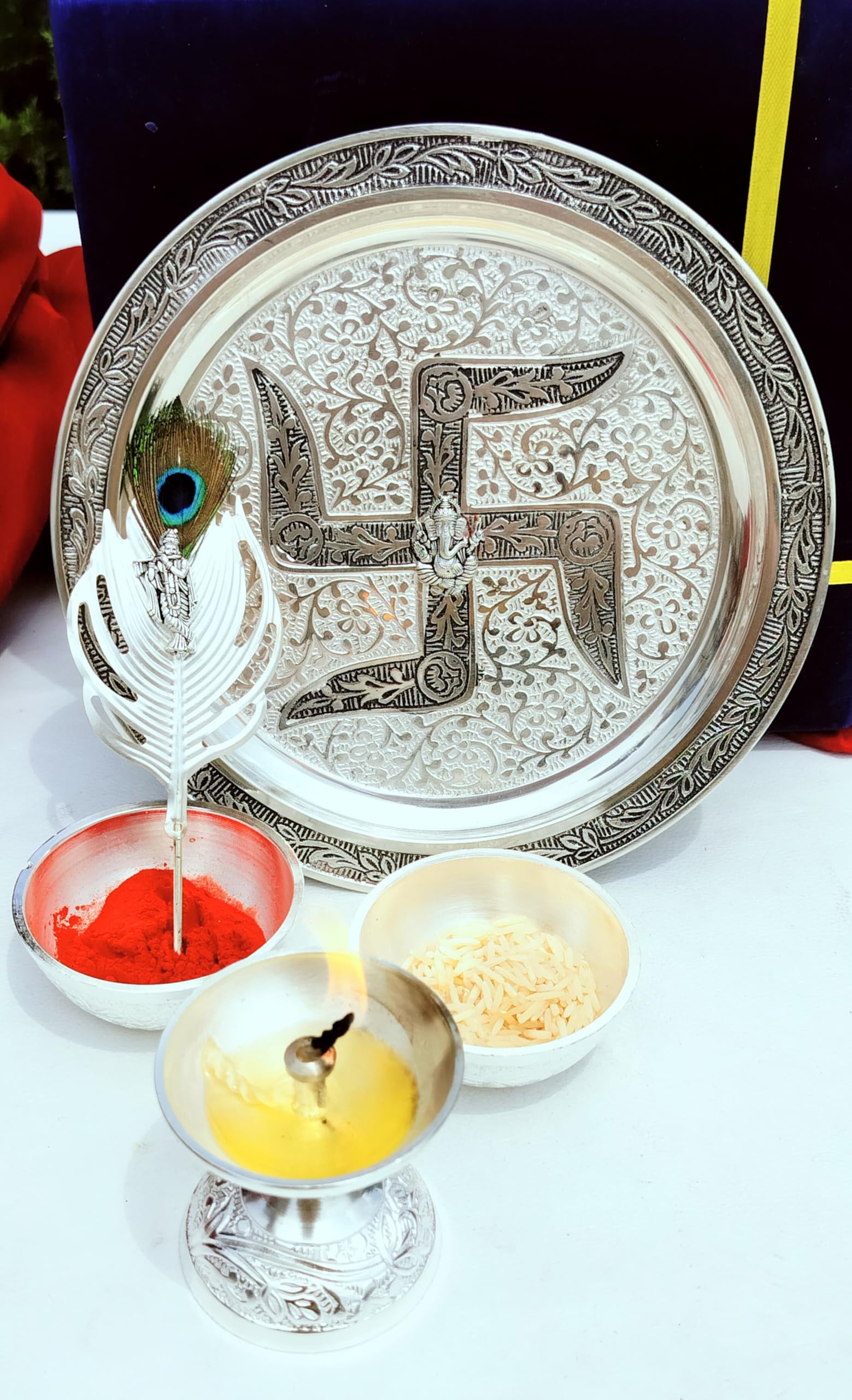 German silver Pooja set with flute Krishna tika stick pooja thali set