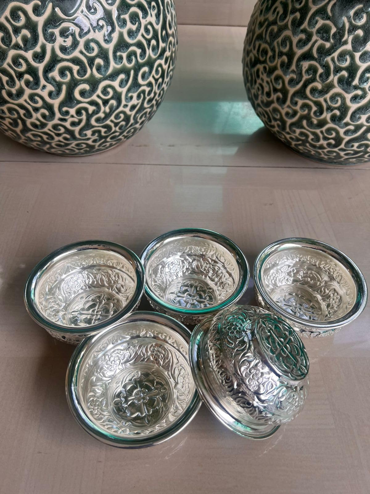 indiancraftsbykanika german silver set of 5 bowl set for prasad/snacks/fruits/gift item