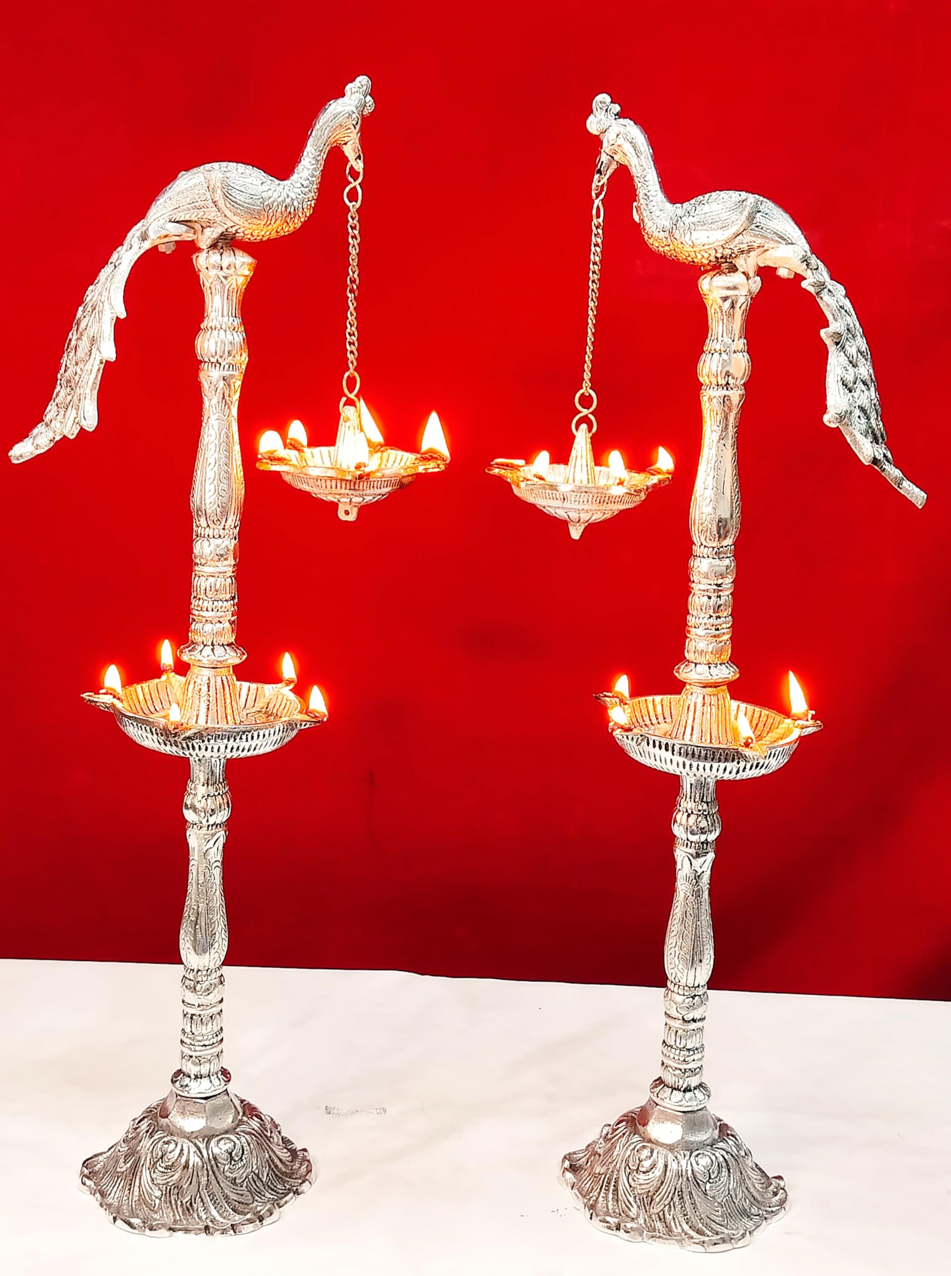 German Silver Peacock Diya Pair Set for Diwali Pooja/ Housewarming/ Home Décor