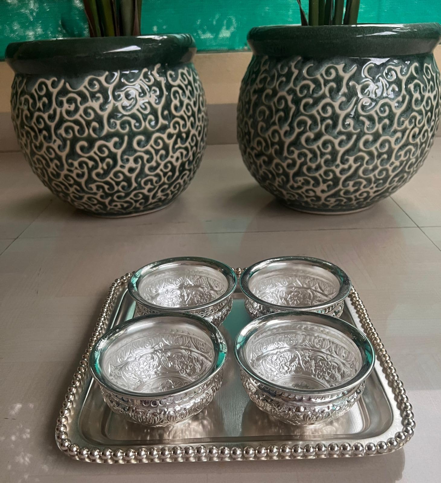 indiancraftsbykanika german silver tray set with 4 fine carved silver finished bowls for snacks/gift item/fruits
