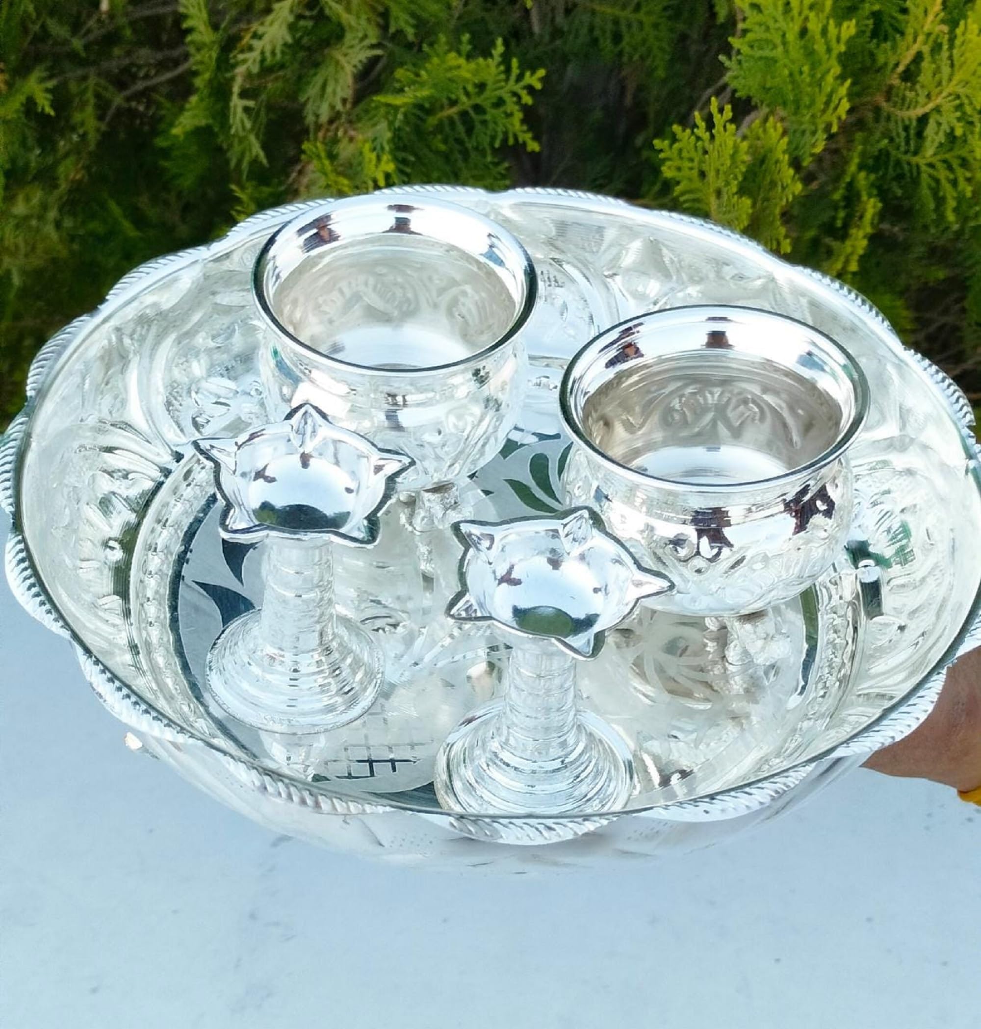 German silver pooja set combo of 5 pieces for diwali/housewarming