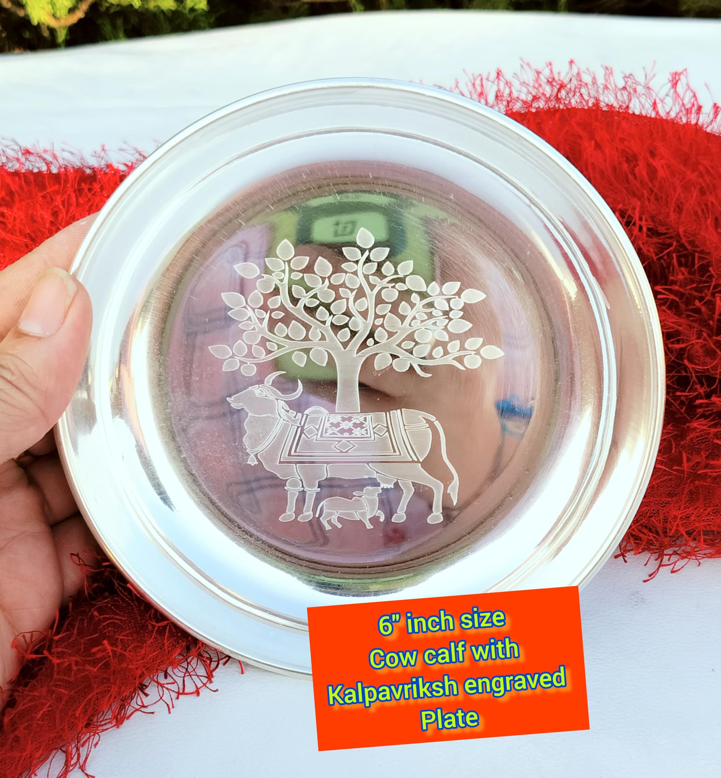 indiancraftsbykanika German silver big size 6" inch hand engraved cow calf with kalpavriksh design engraved plate, set of 10 pieces