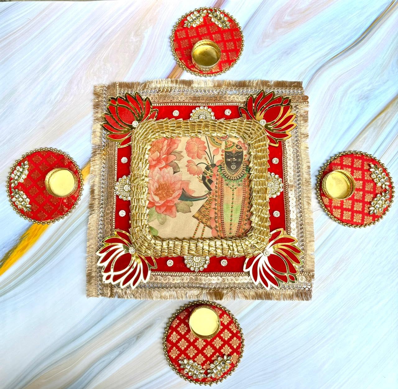 Lotus Banarasi Rangoli/Mat Set with Tea Light Holder and 8 Wax Tea Lights