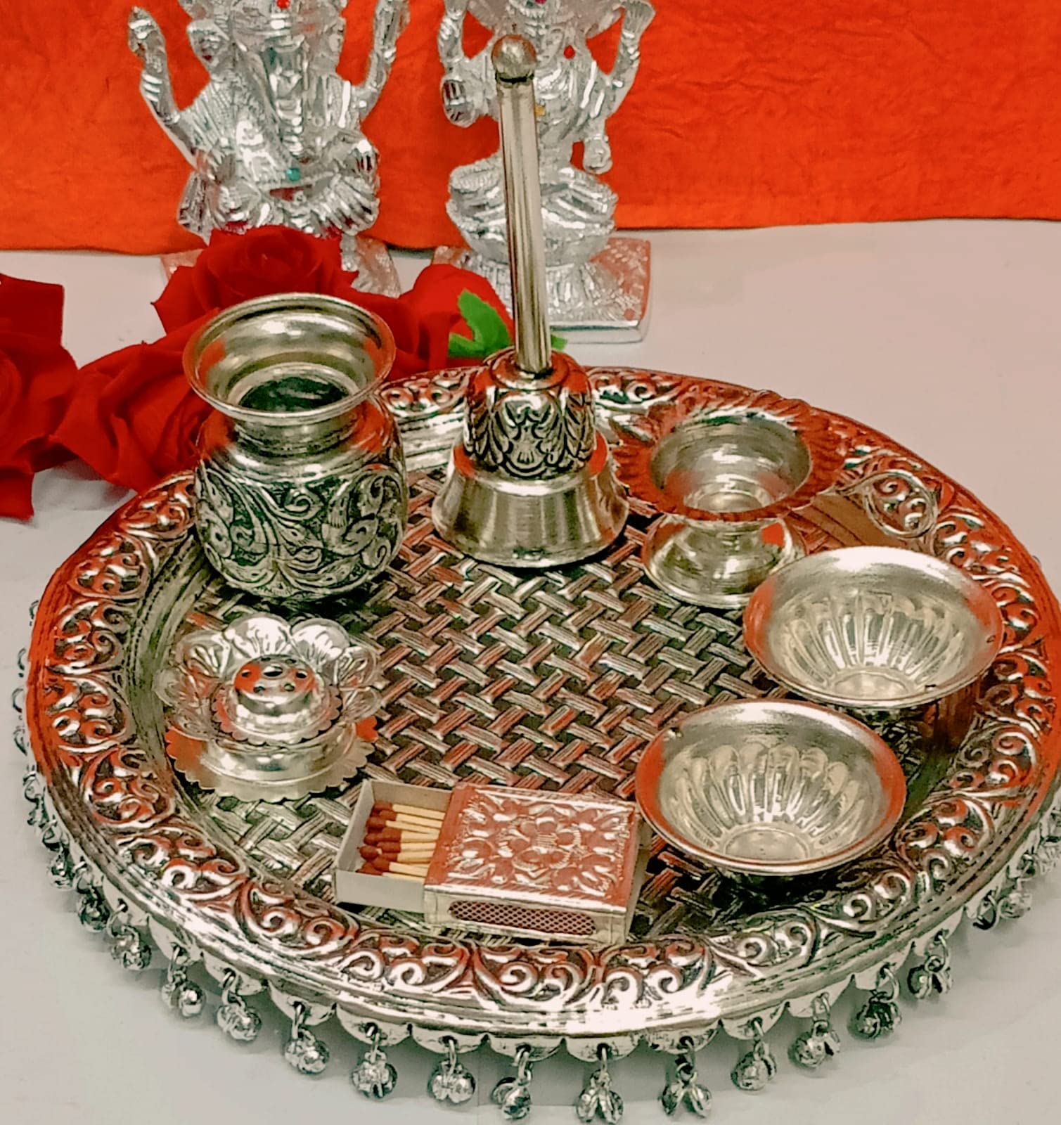 German Silver Black Finish Full Ghungaru Layer Pooja Set - Set of 8 Pieces for Diwali Festival, House Warming puja thali Set