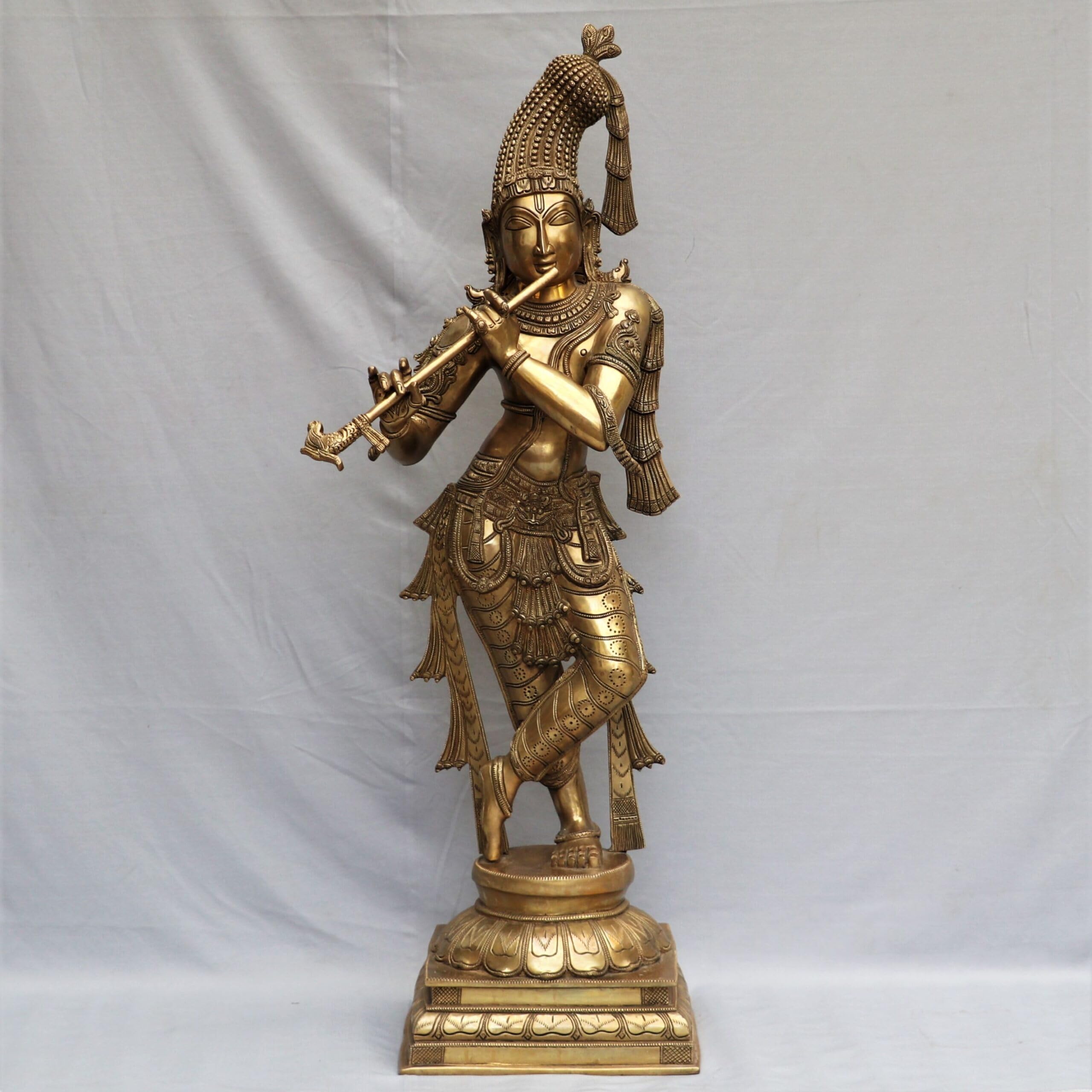 Brass krishana Big Size 36" Statue Playing Flute Wearing Cap Fully Carved Statue showpiece, Home décor, Gift Item
