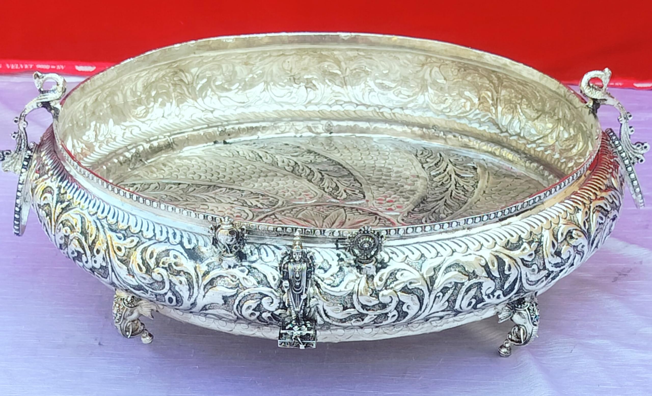 German Silver big size URLI with Tirupati Balaji idol and shanku chakra, elephant legs, peacock handle