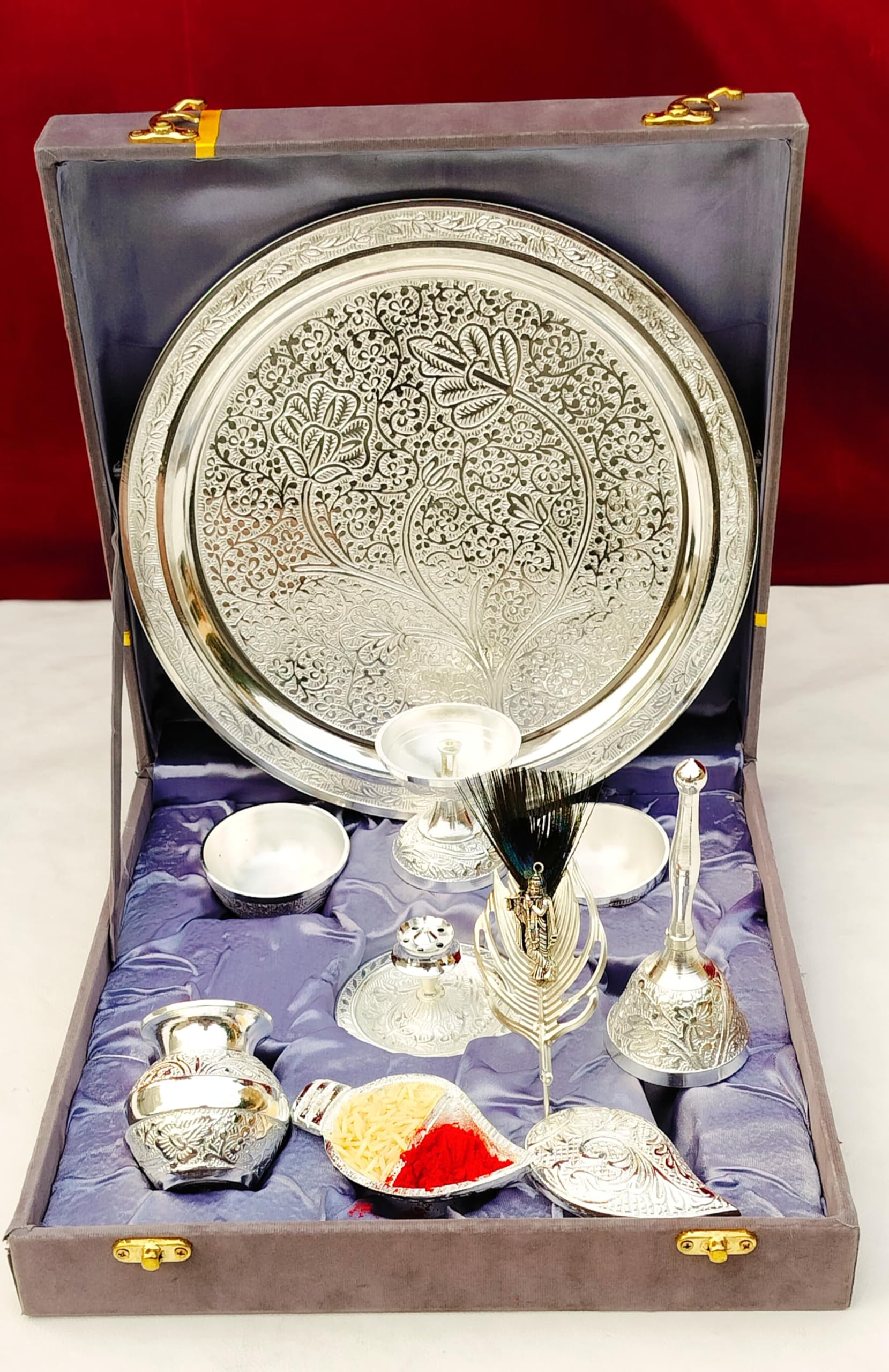 German Silver Pooja Set with Flute Krishna Tilak Stick