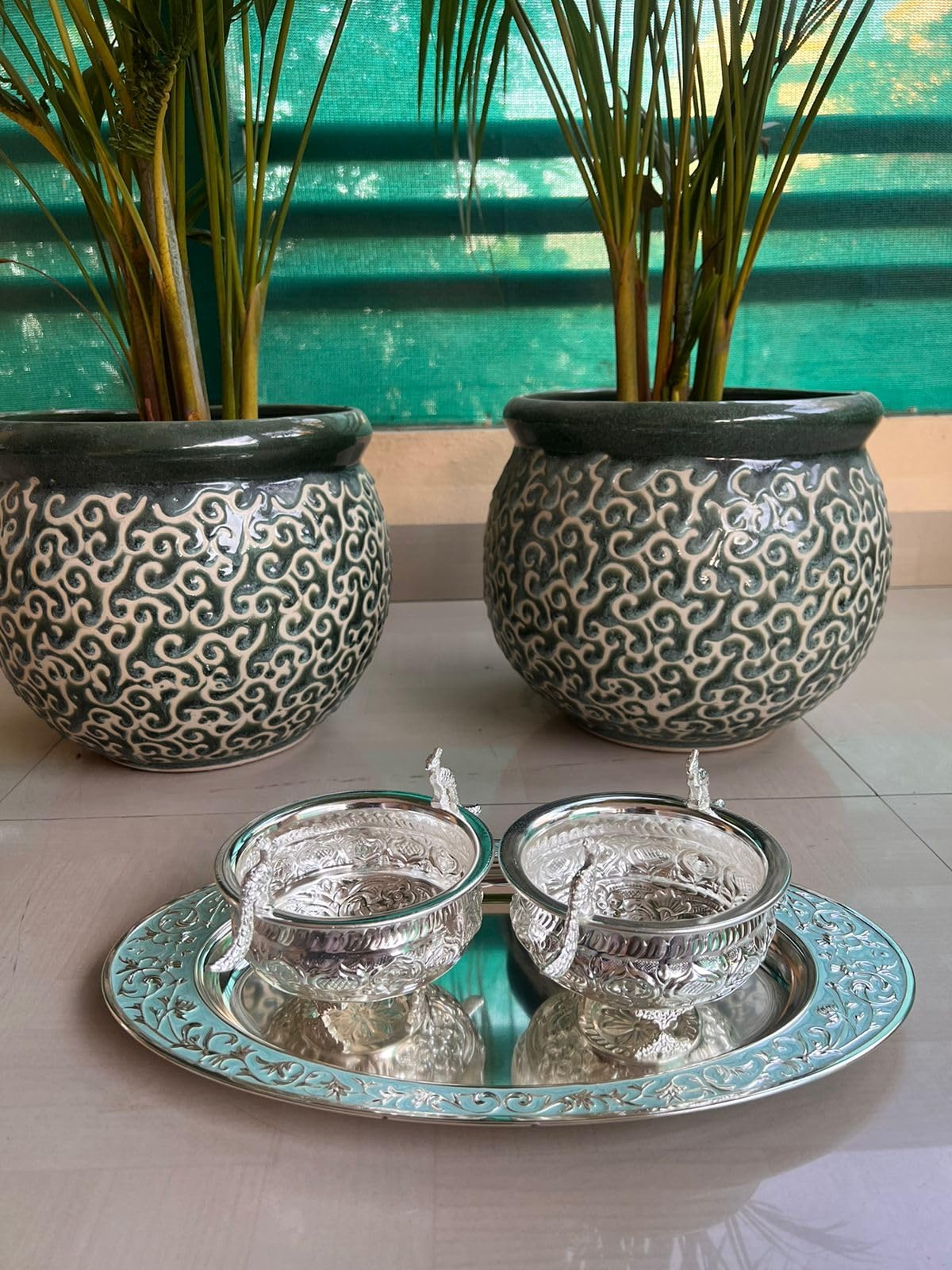 German Silver Oval Tray with 2 Peacock Bowls