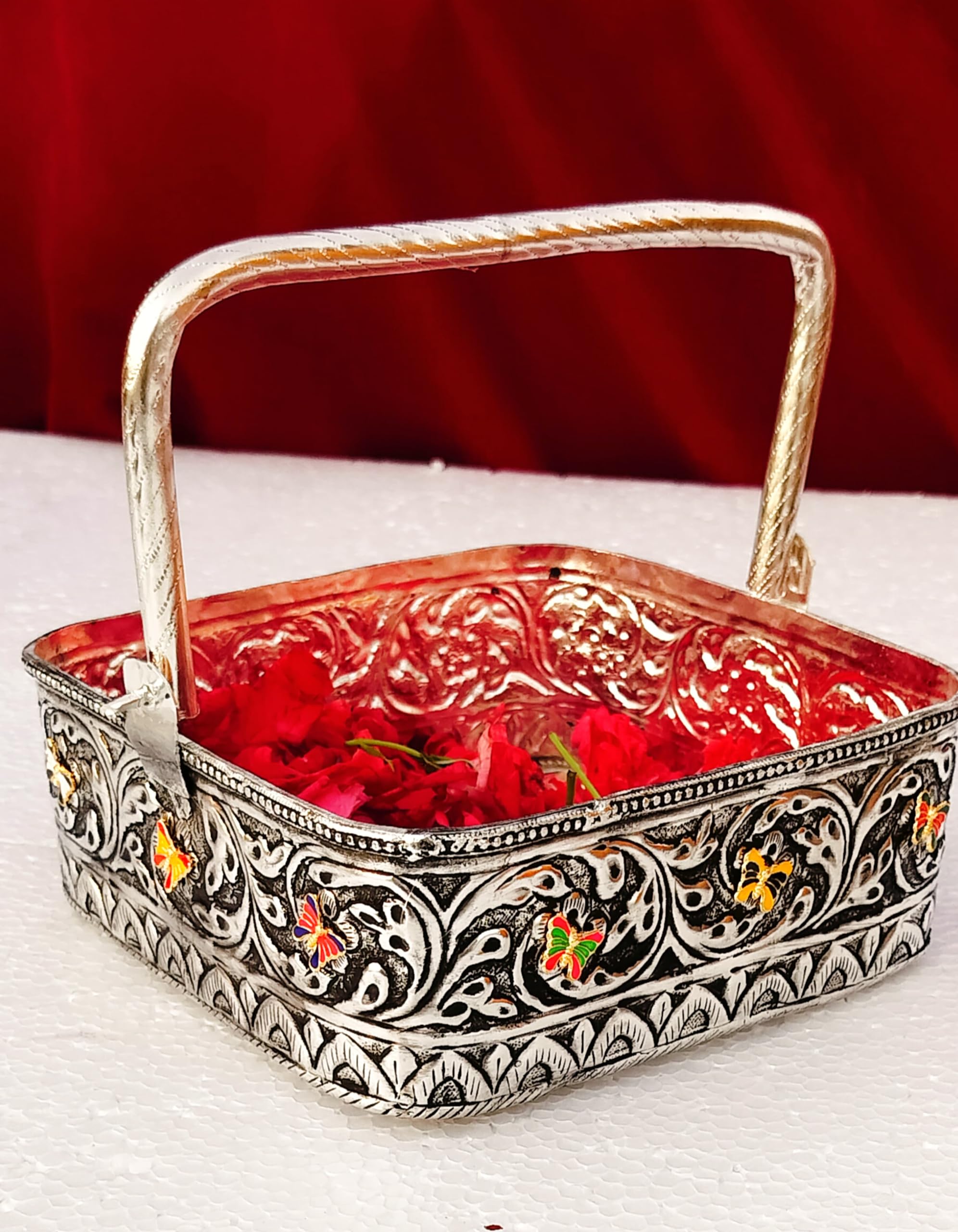 Antique finish German silver square flower basket with butterfly for fruits/flowers