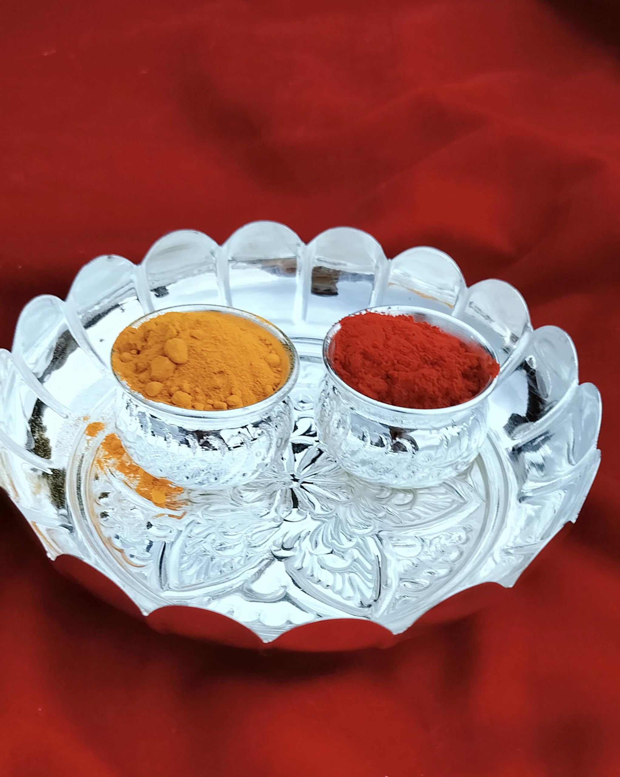 German silver nakkashi kamal plate with 2 nakkashi bowl, mini pooja set/prasad set