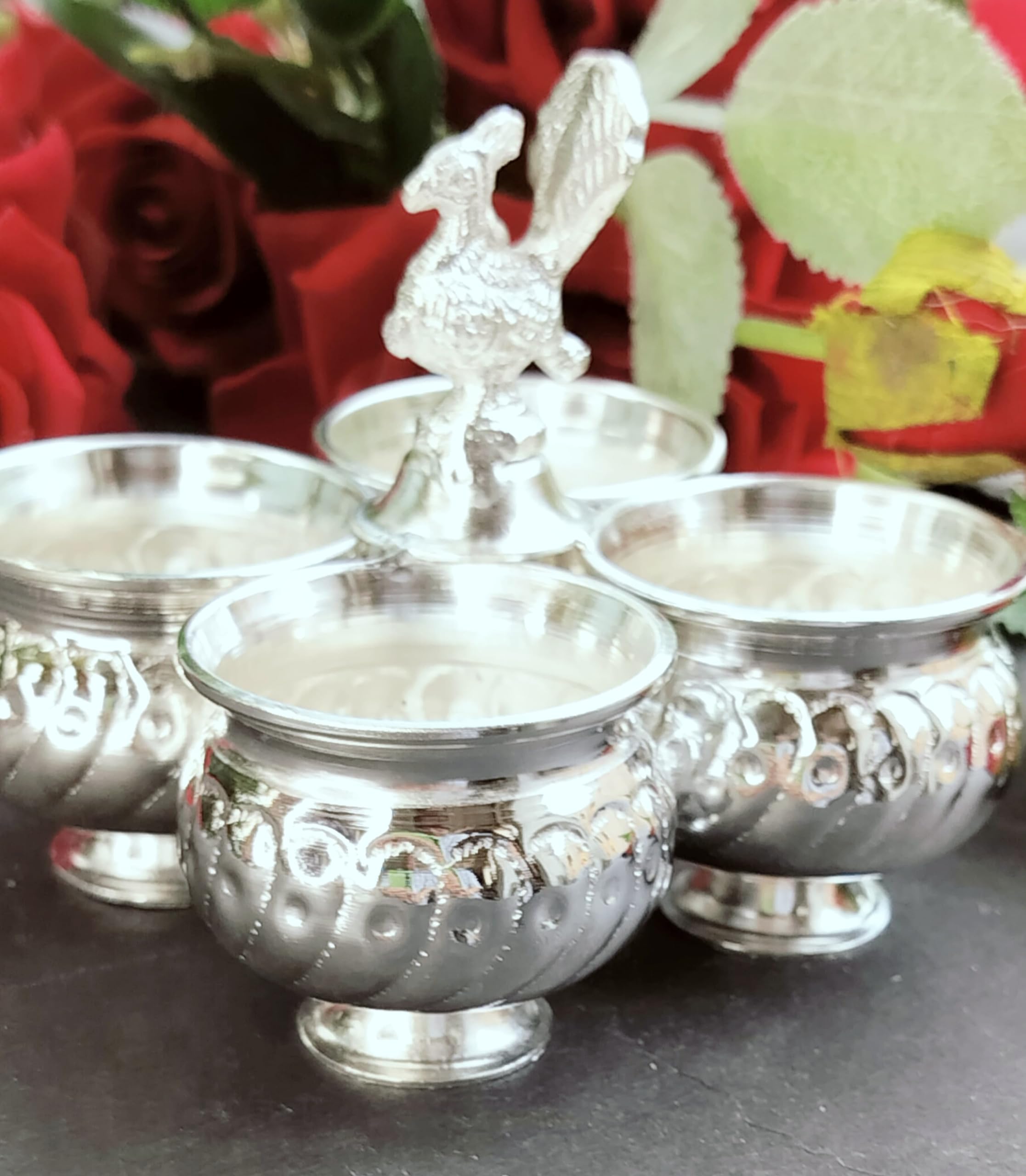 indiancraftsbykanika German Silver Peacock 4 Cup with Round Stand for Housewarming Pooja Party, 211123b
