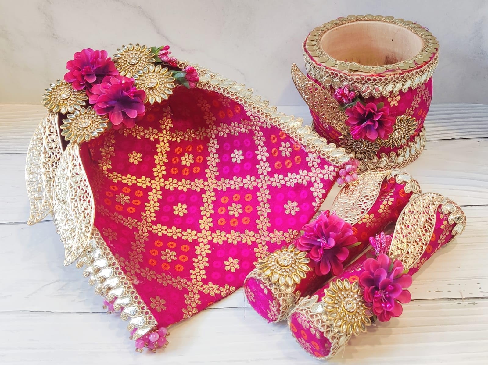 Ukhal Musal Chhajhla Set for Wedding Pooja with Colorful Flowers, Color : Pink