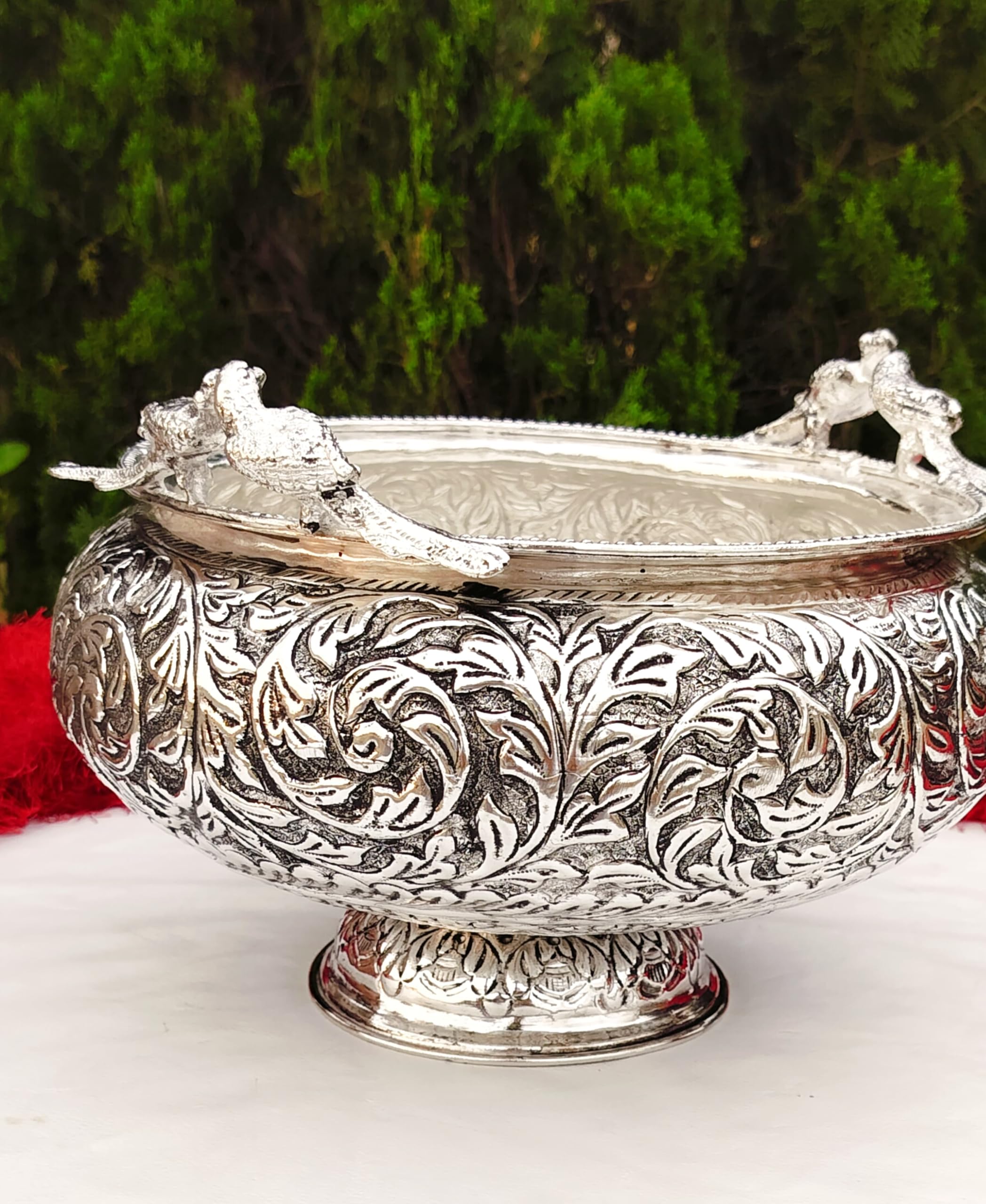 Antique finish German silver birds engraved carving urli with stand