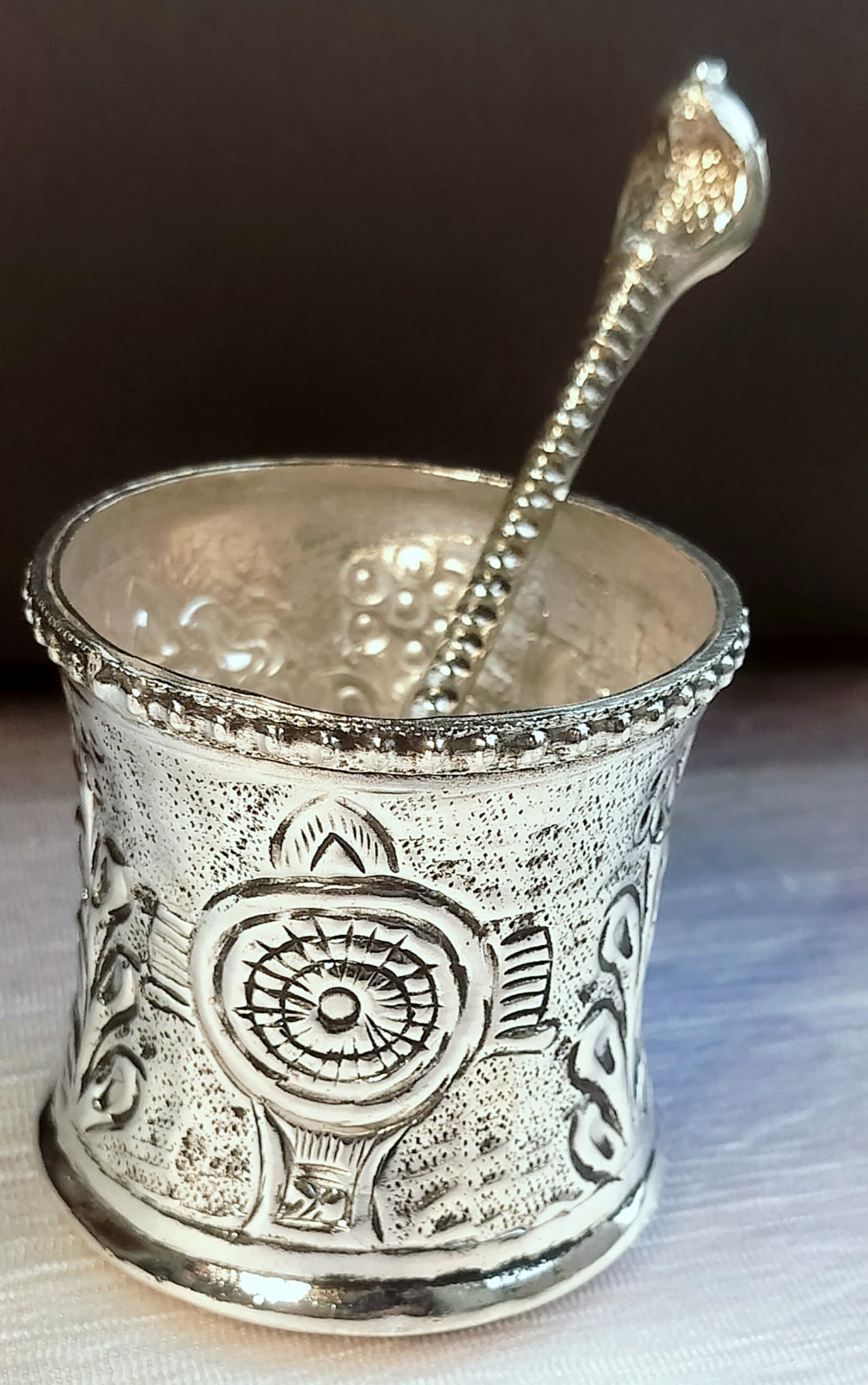 German Silver Antique panchapatra with aachmani Set/Glass with Spoon