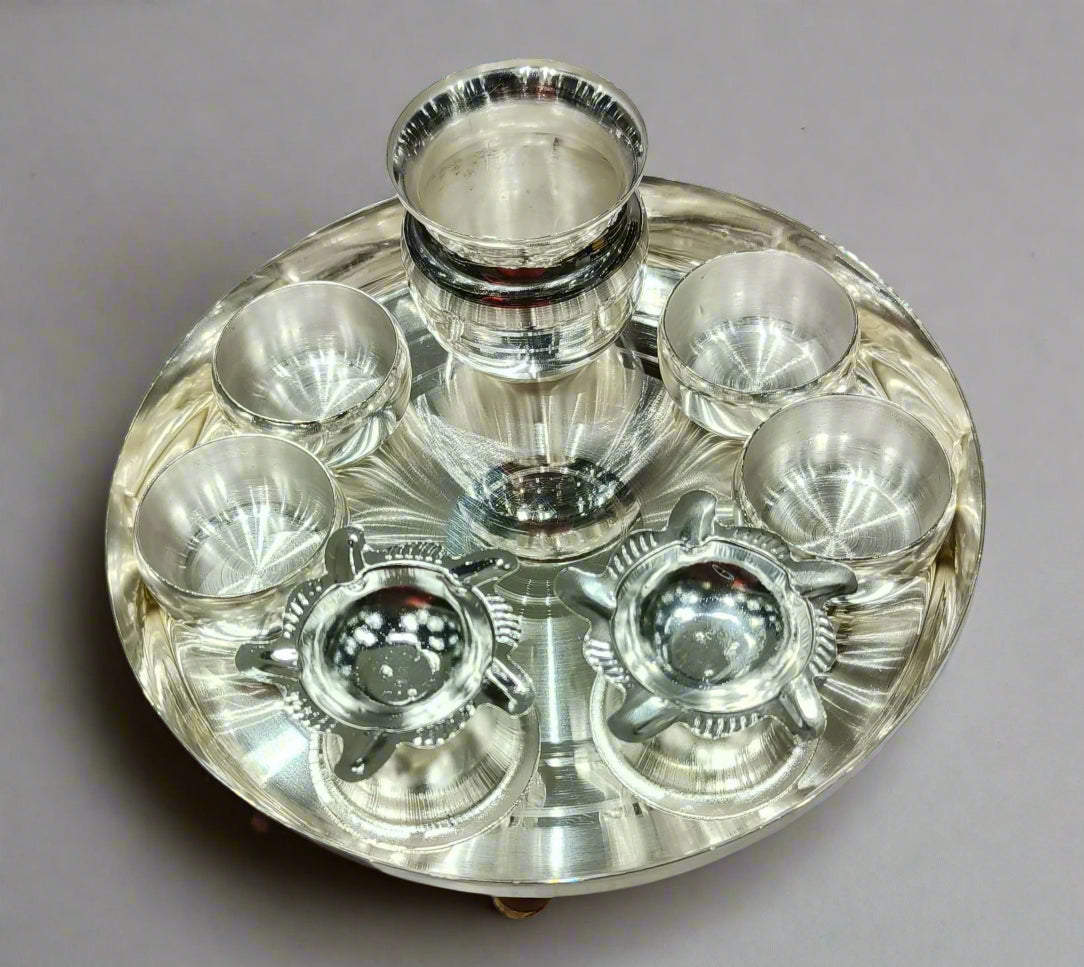 Silver plated combo pooja thali set5 of 8 pieces for housewarming/Diwali festival