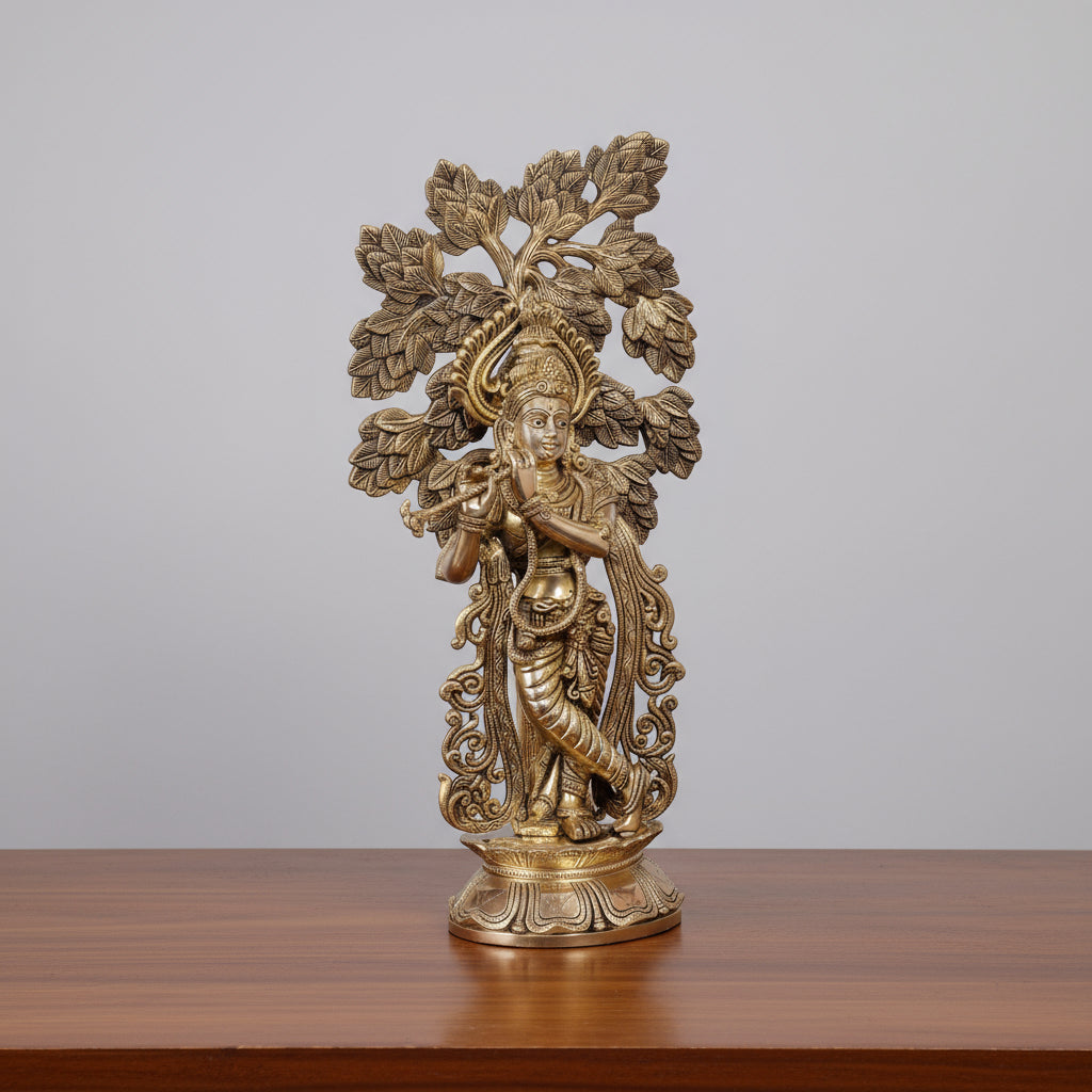 Brass Krishan Playing Flute Statue with kalpavriksha Tree Idol for Home Decor/Gift