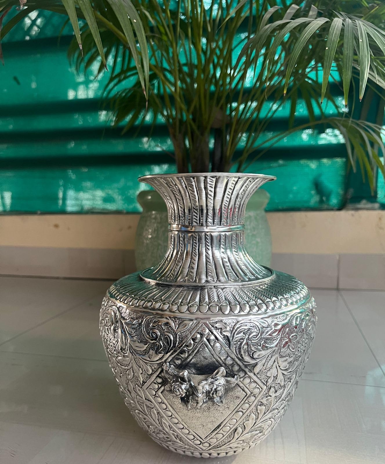 indiancraftsbykanika german silver Long neck Kalash/kalsam/vase/bindi for house warming pooja/festival/gift item/home decor