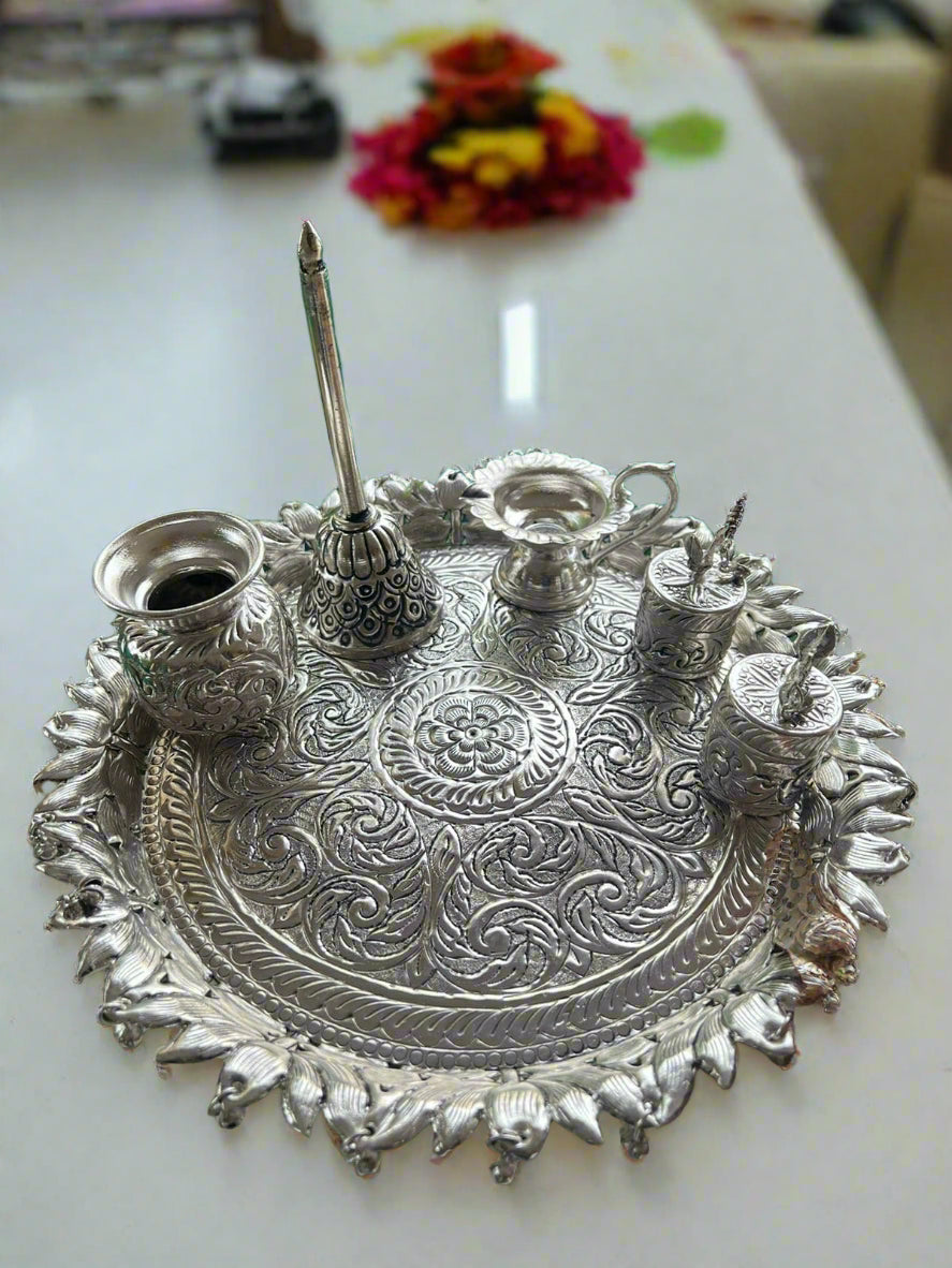 German Silver Flower Fully Carved Pooja thali Set