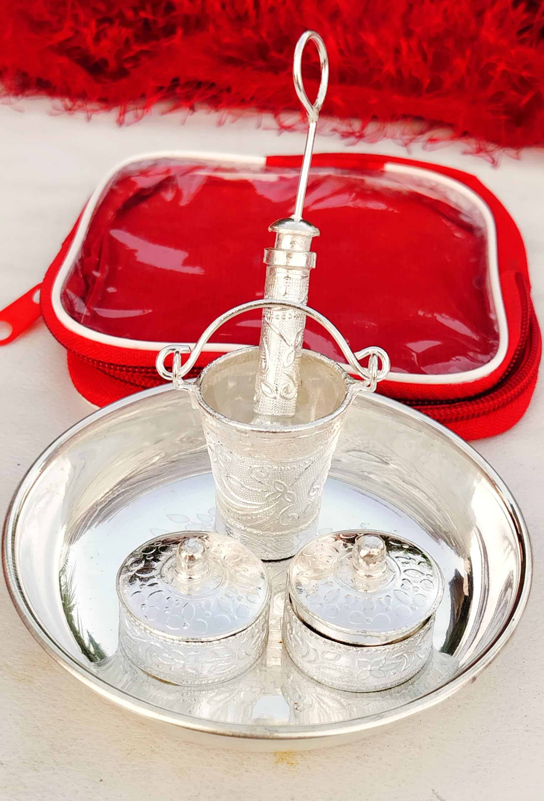 indiancraftbykanika Small German Silver Plate Bucket pichkari Set with Silver dibbi for Gulal