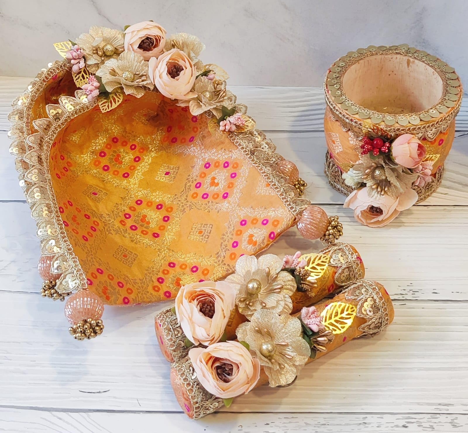 Ukhal Musal Chhajhla Set for Wedding Pooja with Colorful Flowers, Color : Orange