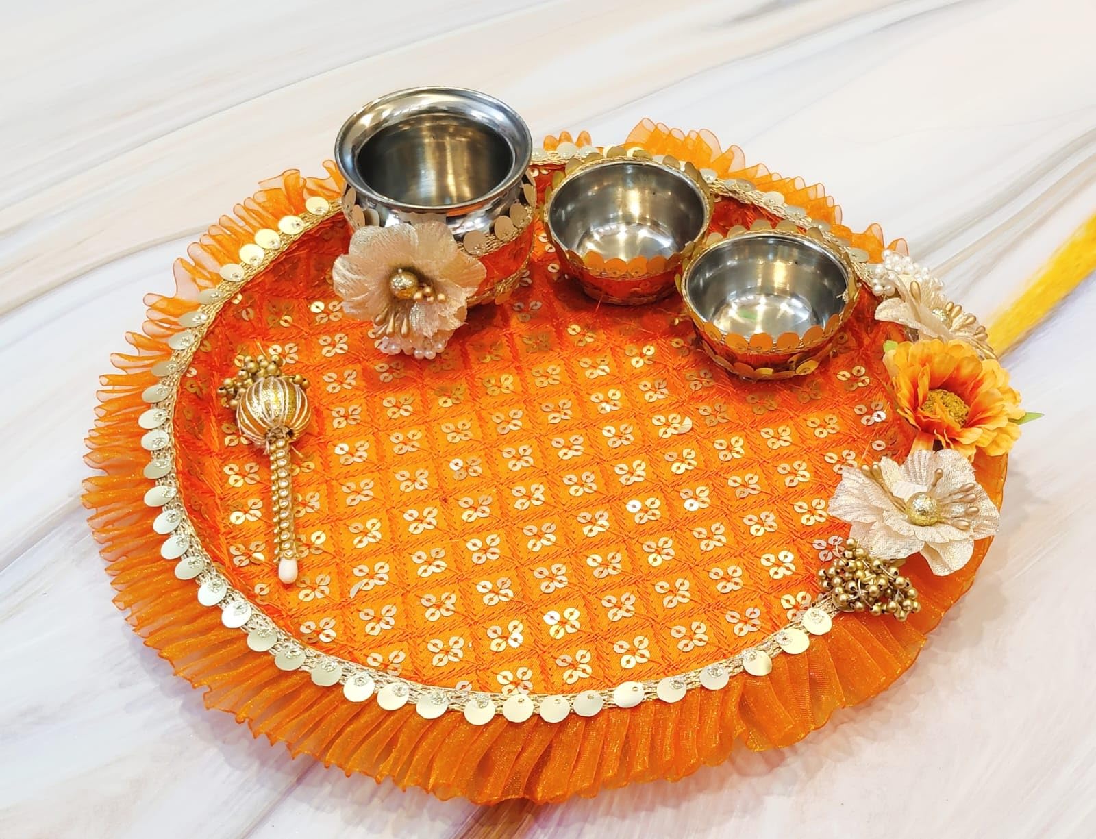 Orange Color Stainless Steel Pooja thali Set of 5 Pieces