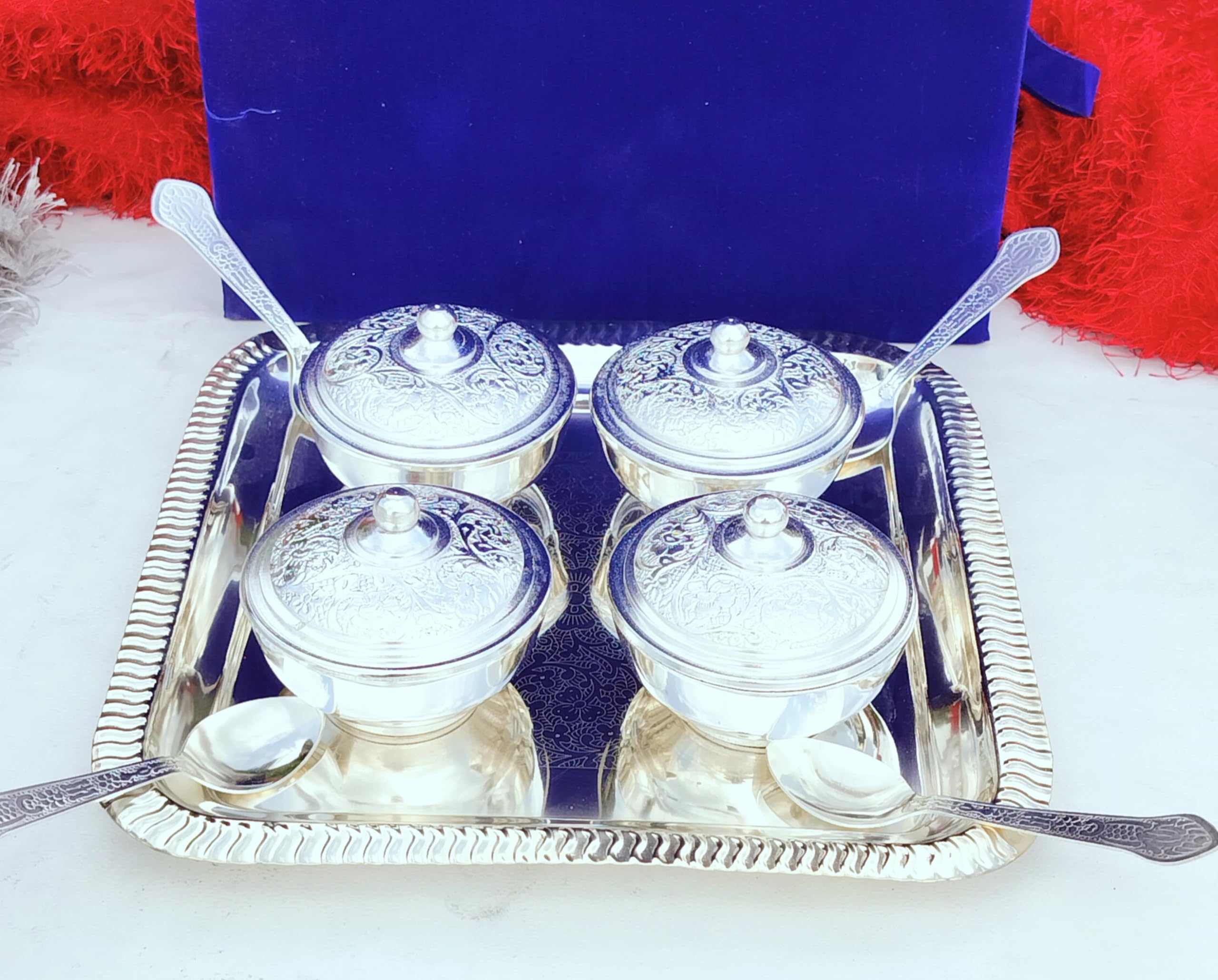 indiancraftsbykanika German silver 4 piece DRY FRUIT bowl with 4 spoon and Tray set for home