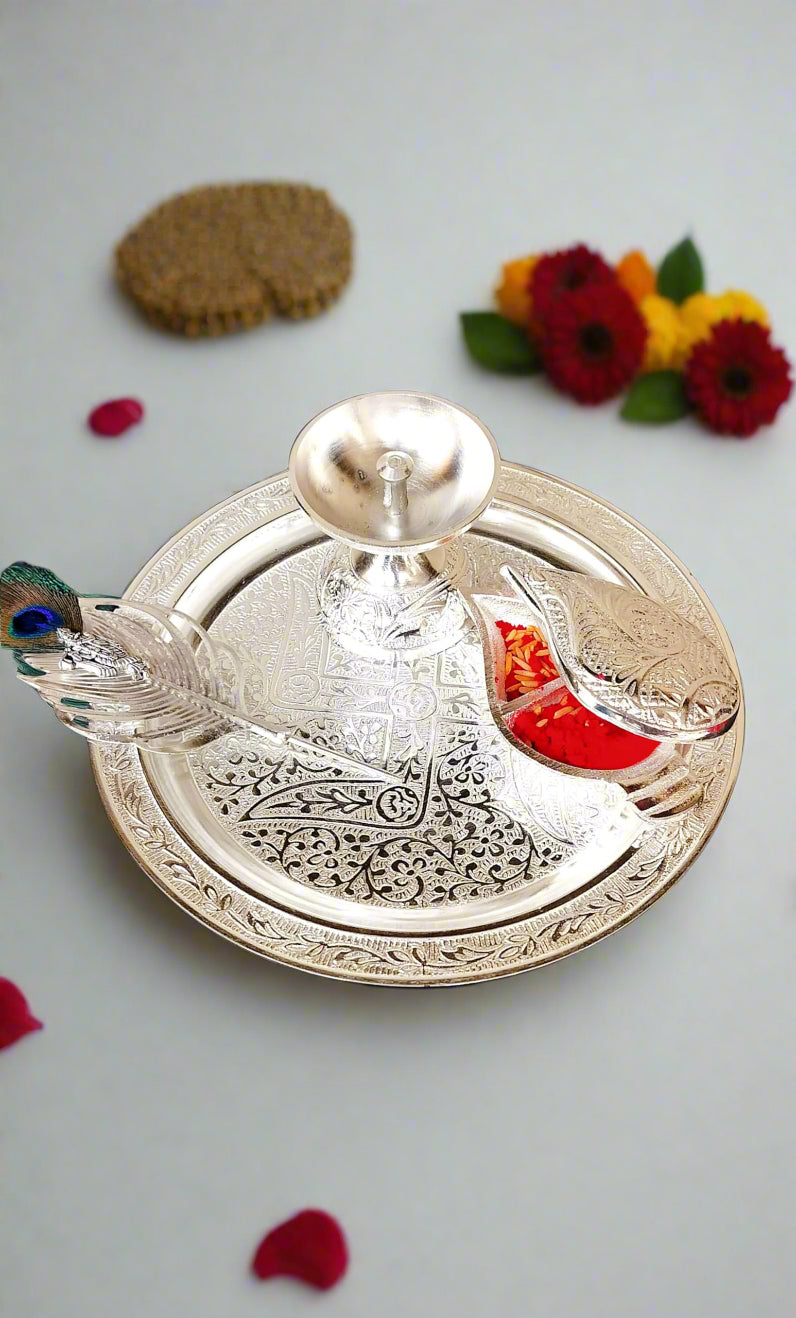 German Silver aarti thali with Flute Krishna tika Stick Pooja thali Set of 4 Pieces