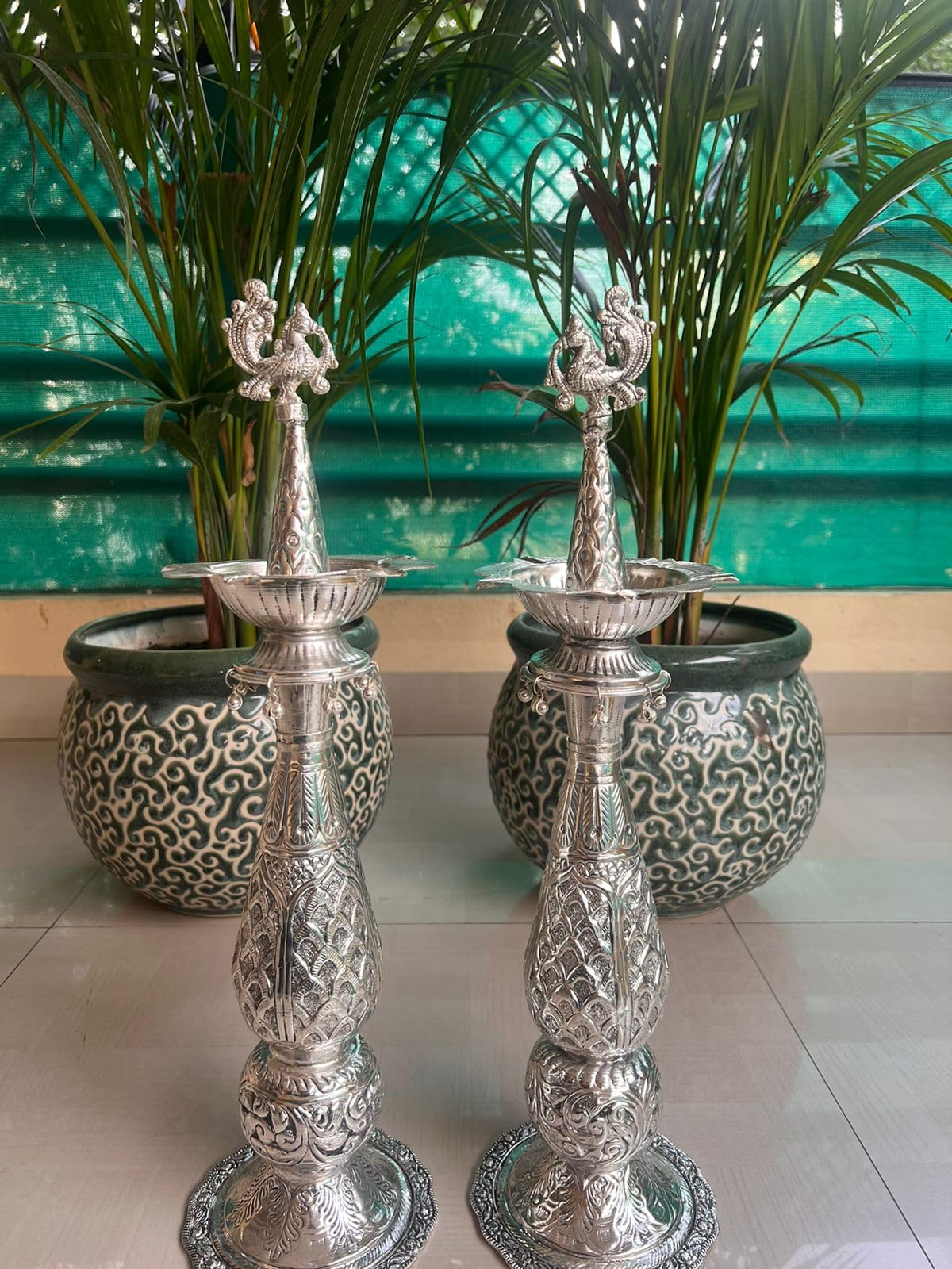 indiancraftsbykanika german silver peacock diya pair Set For Diwali Pooja/Housewarming/Home Décor/Gift Item, size : 20" height