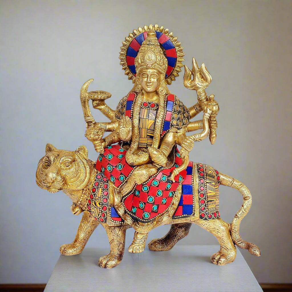 Brass with Stone Work Colorful Goddess Durga Statue Sitting on Lion Idol