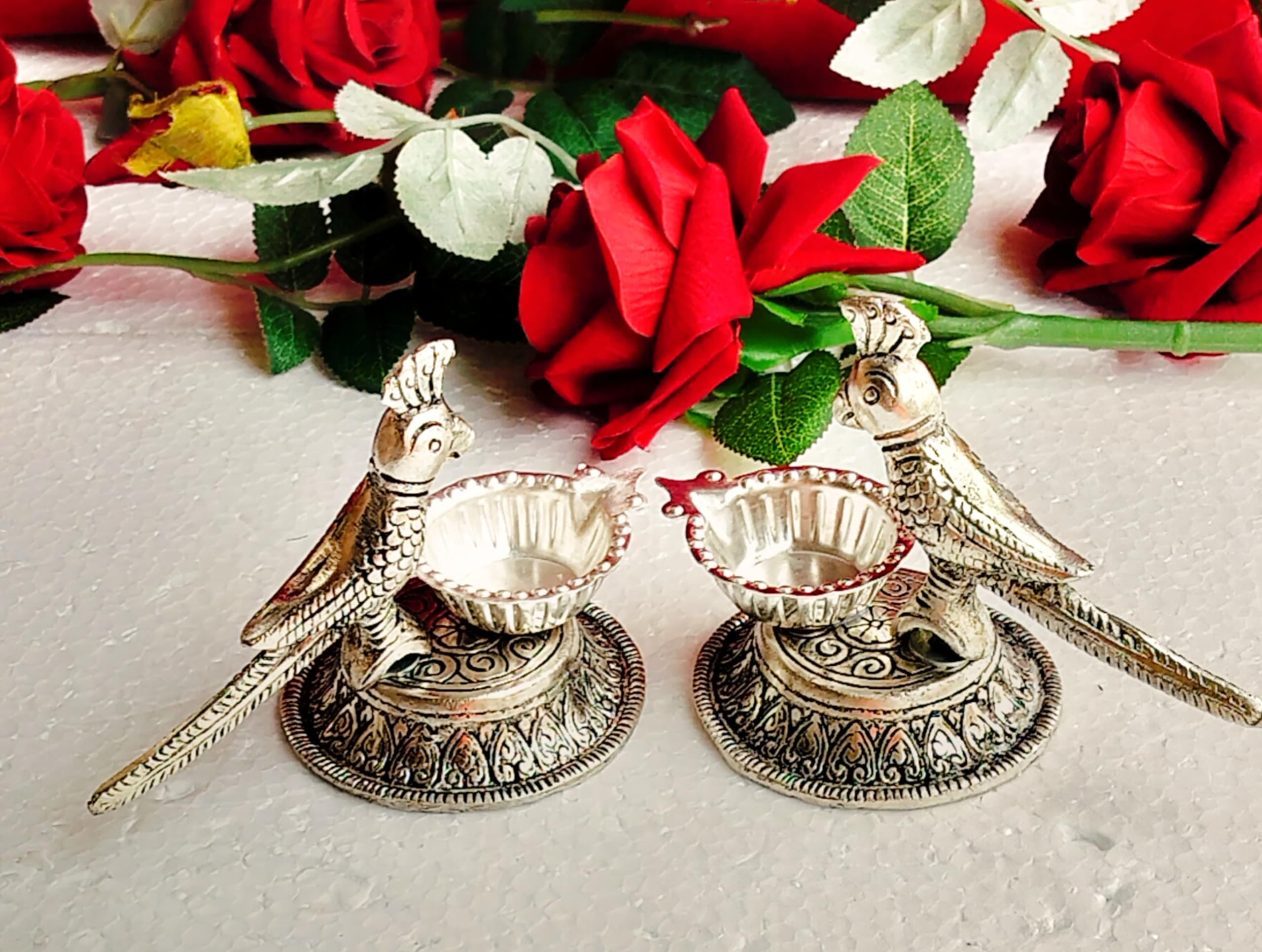indiancraftsbykanika German silver parrot Diya set of 5 pieces for housewarming/gift item/festival, medium